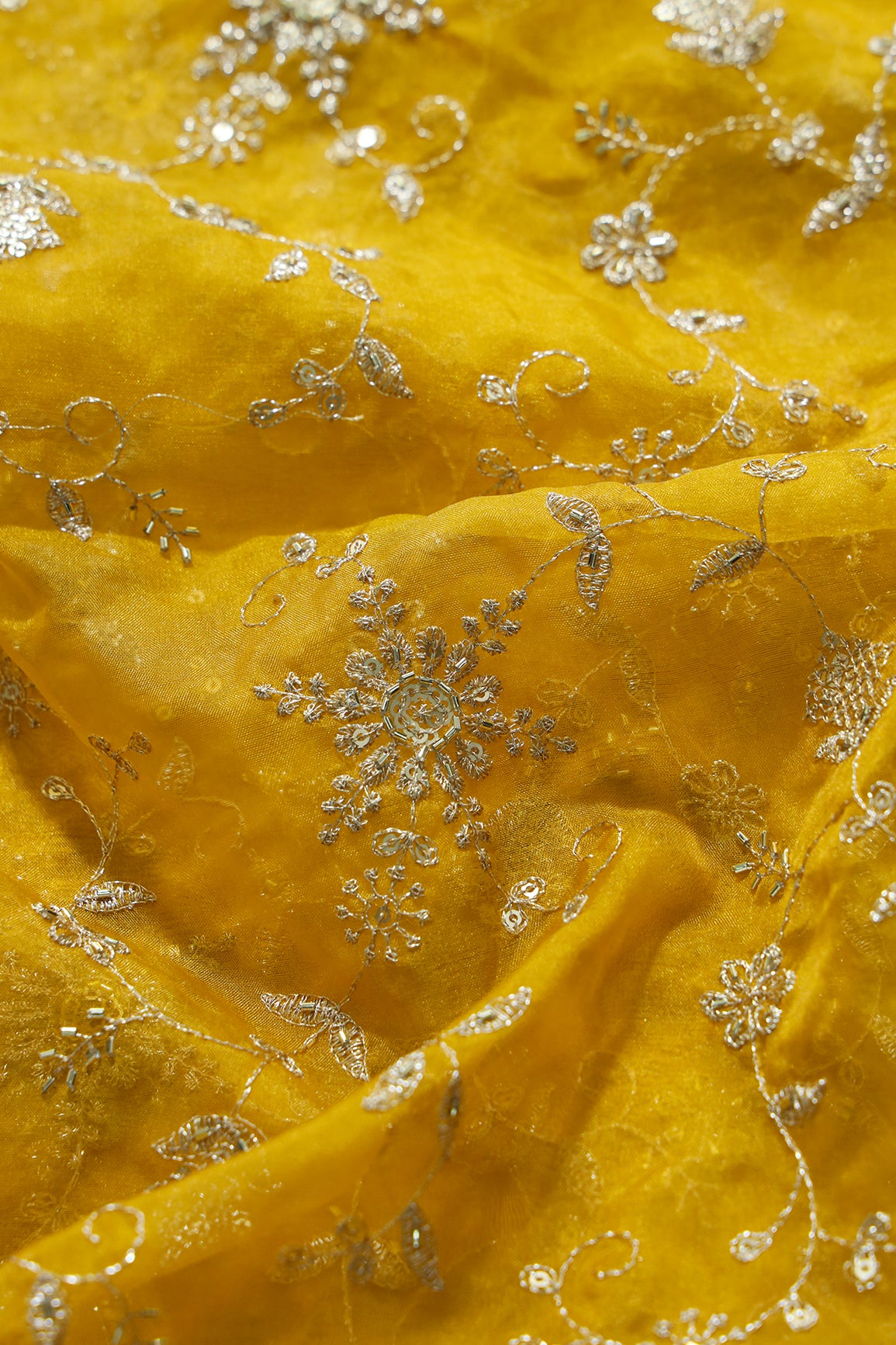 Zari Thread With Beads Floral Embroidery On Yellow Organza Fabric