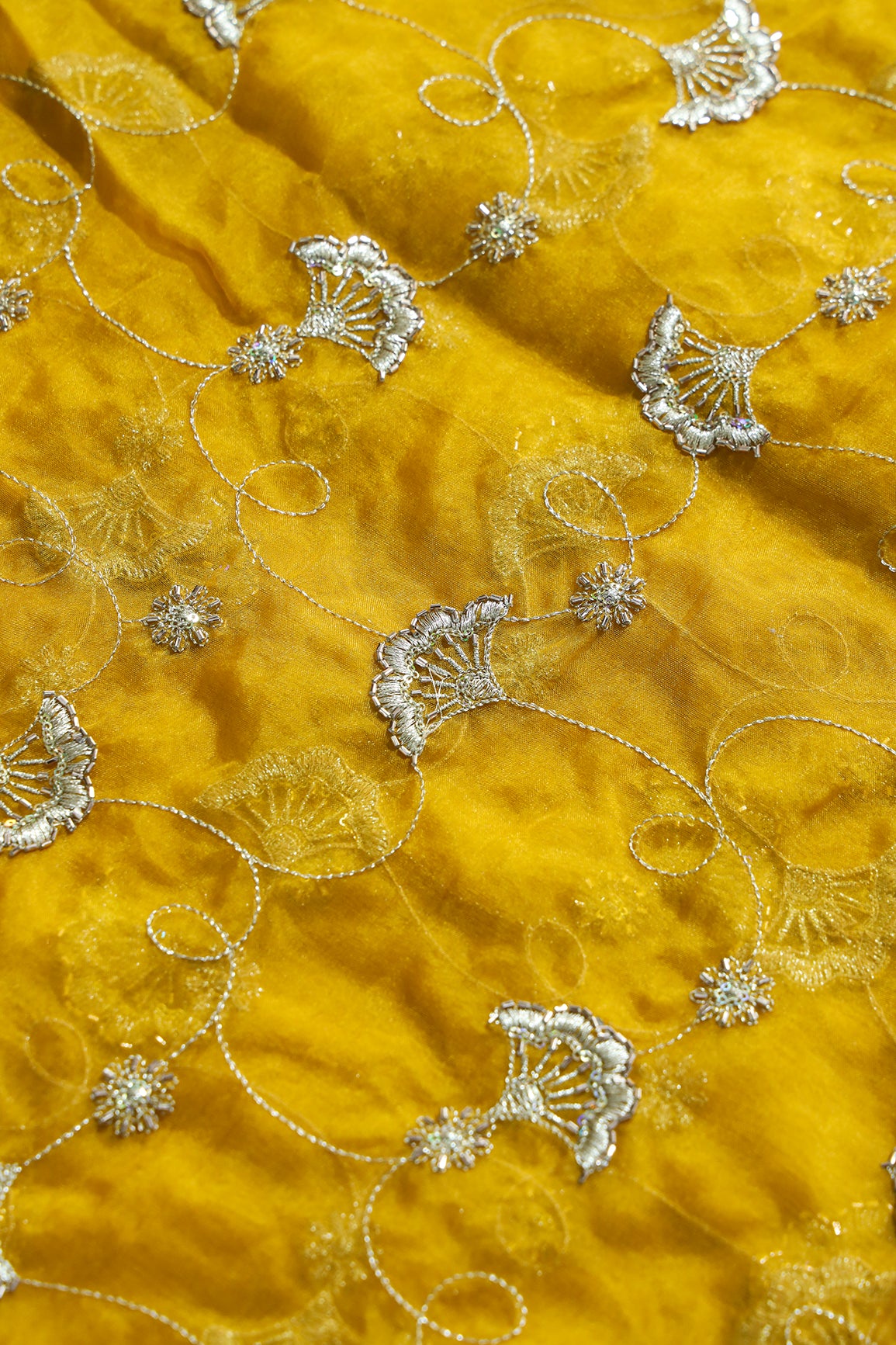 Gold Zari With Beads Beautiful Floral Embroidery On Yellow Organza Fabric
