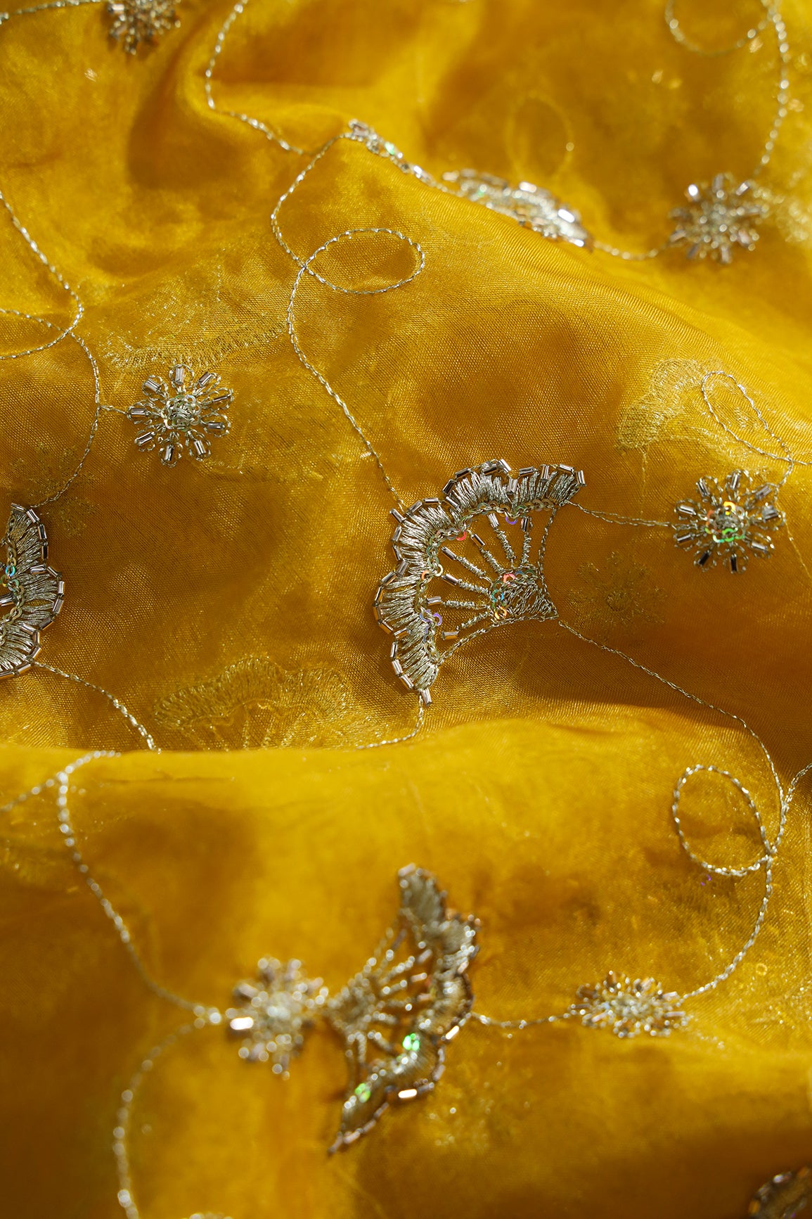 Gold Zari With Beads Beautiful Floral Embroidery On Yellow Organza Fabric