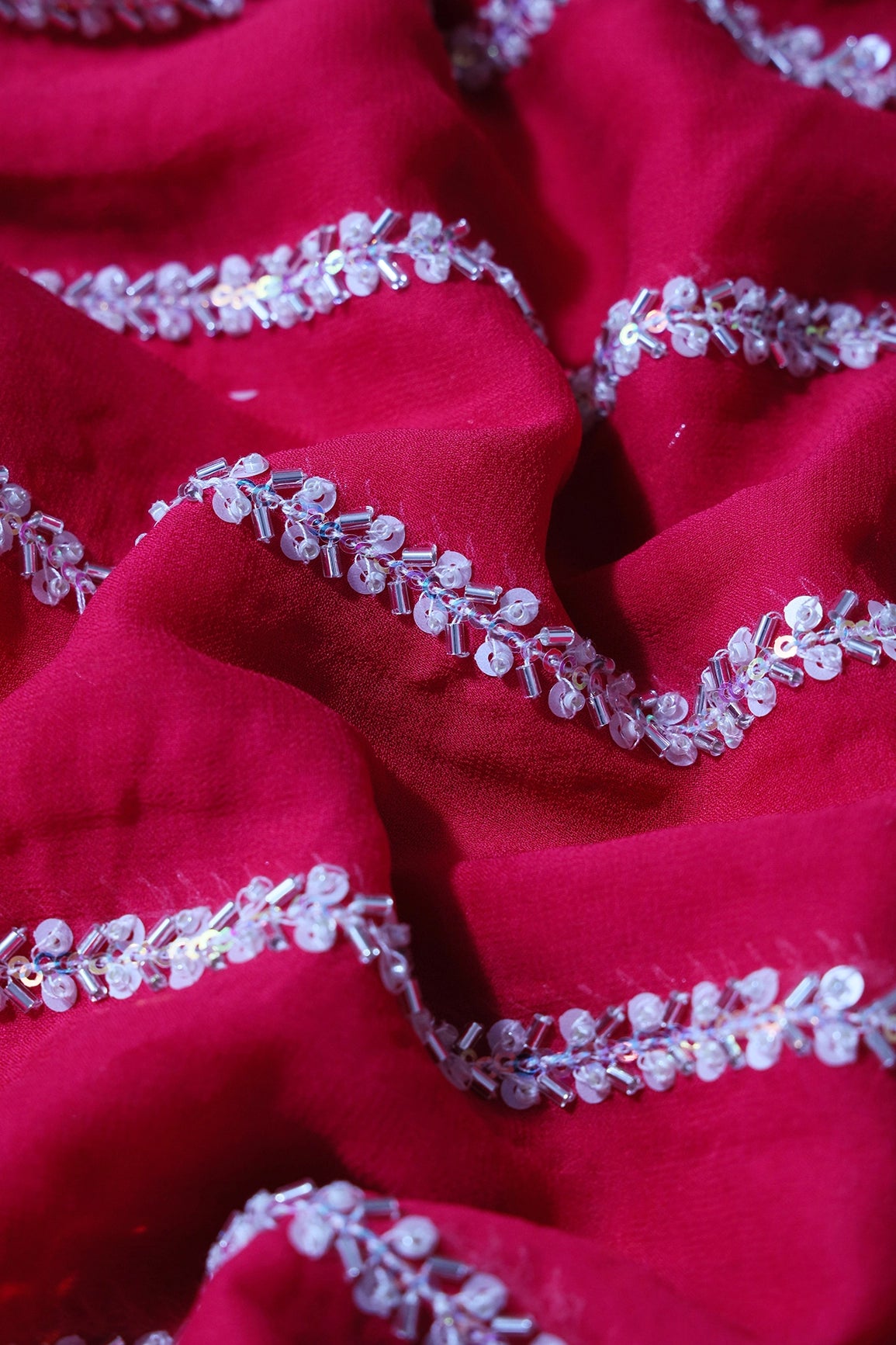 Silver Beads With Sequins Beautiful Stripes Handwork Embroidery On Fuchsia Viscose Georgette Fabric