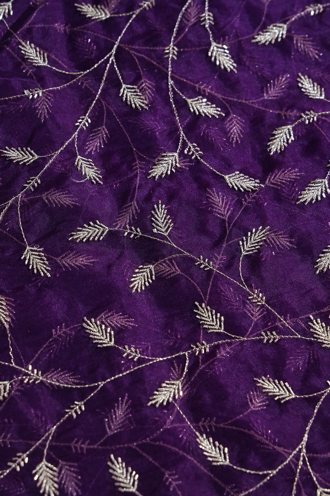Gold Zari With Beads Leafy Embroidery Work On Purple Organza Fabric
