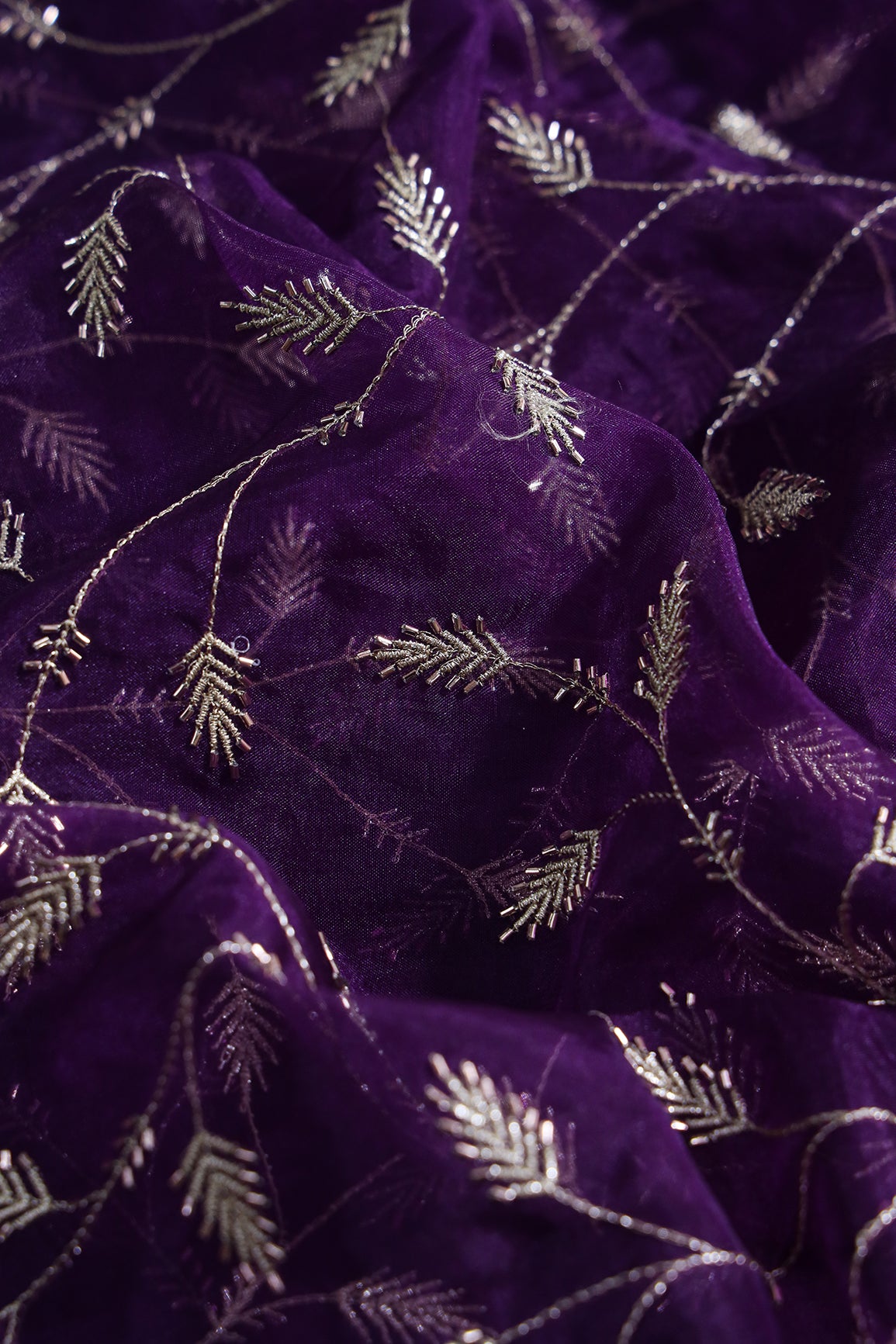 Gold Zari With Beads Leafy Embroidery Work On Purple Organza Fabric