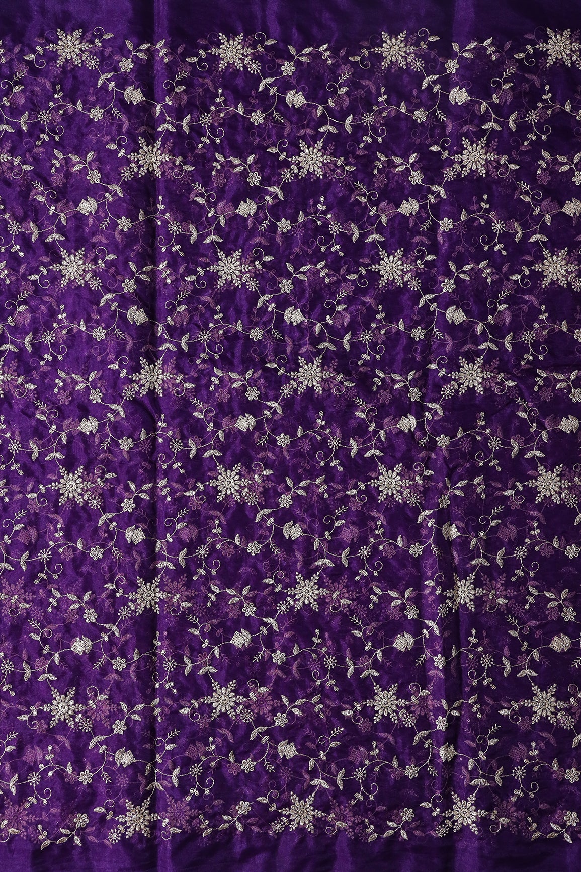Zari Thread With Beads Floral Embroidery On Purple Organza Fabric