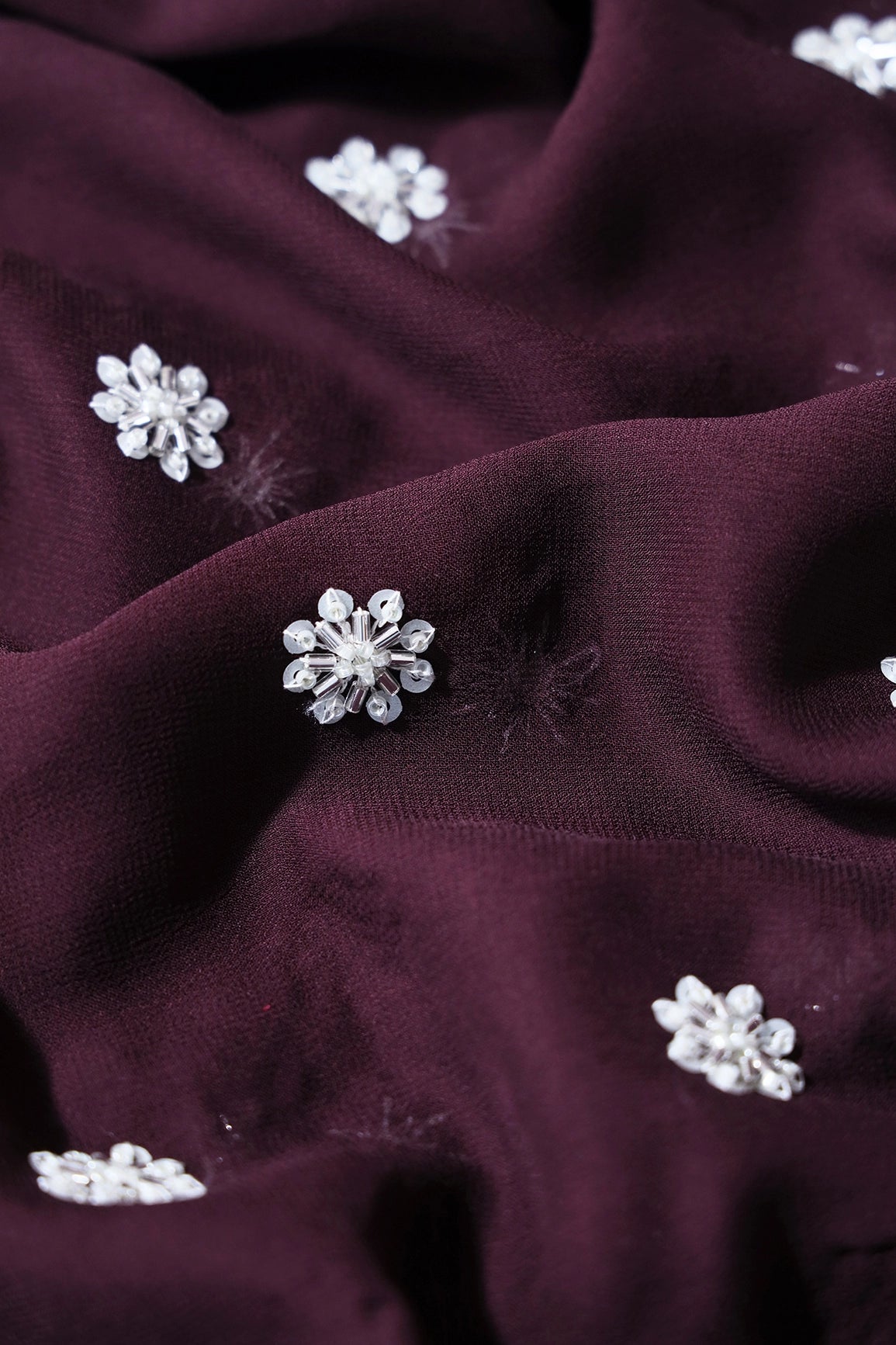 Silver Beads With Sequins Small Floral Handwork Embroidery On Wine Viscose Georgette Fabric