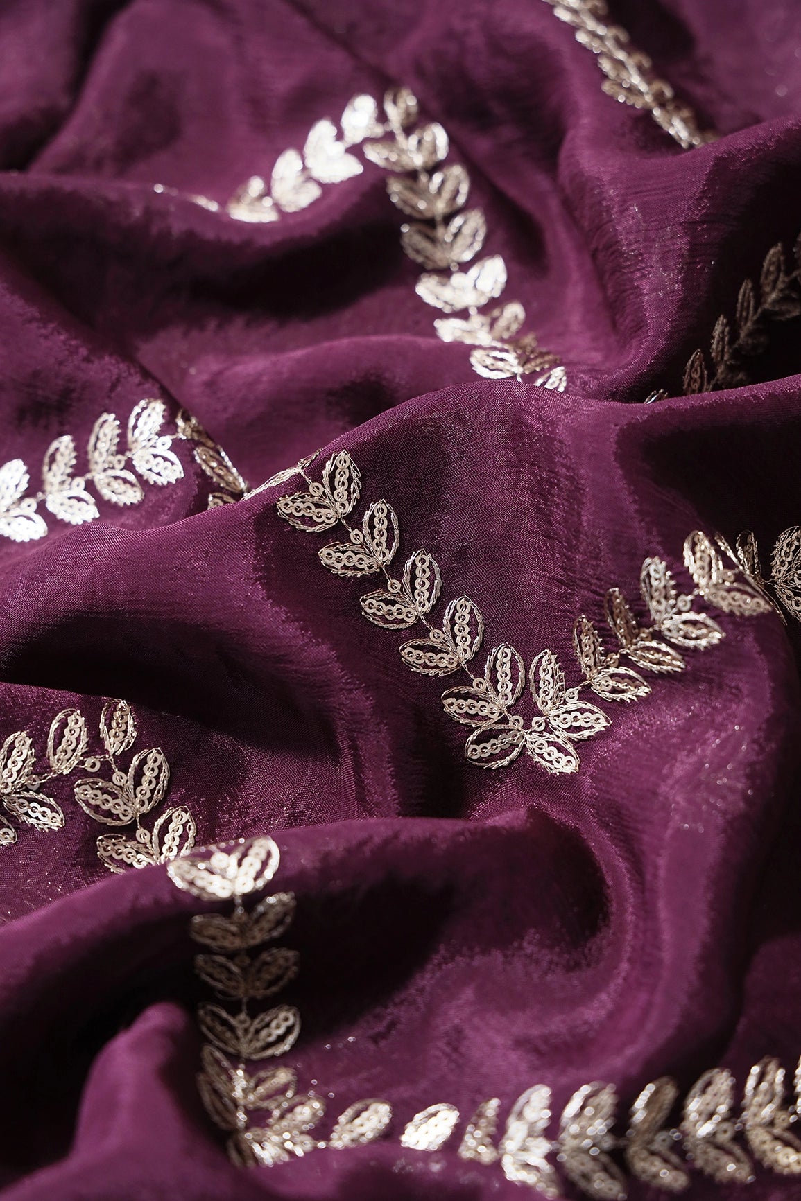 Gold Zari With Gold Sequins Chevron Embroidery Work On Wine Chinnon Chiffon Fabric