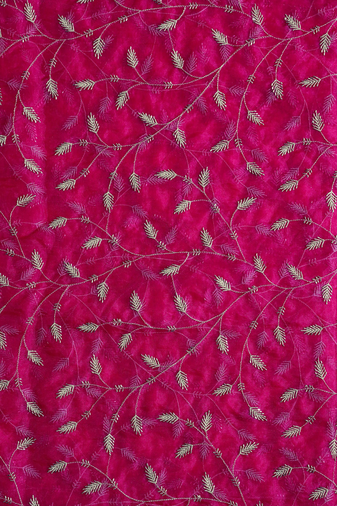 Gold Zari With Beads Leafy Embroidery Work On Rani Organza Fabric
