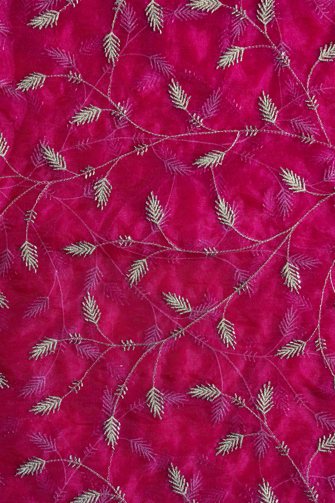 Gold Zari With Beads Leafy Embroidery Work On Rani Organza Fabric