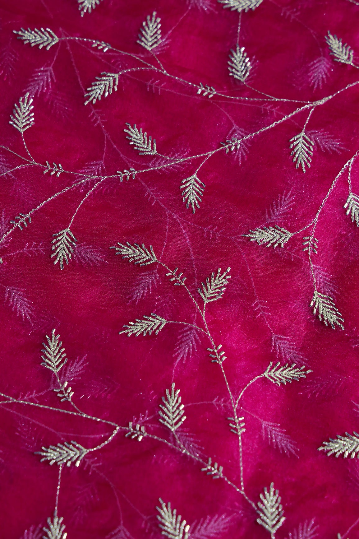 Gold Zari With Beads Leafy Embroidery Work On Rani Organza Fabric