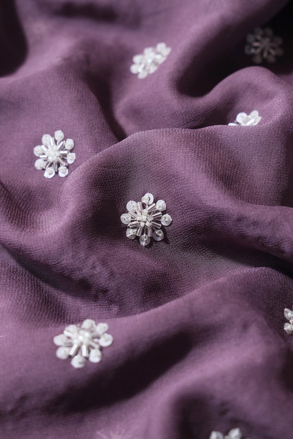 Silver Beads With Sequins Small Floral Handwork Embroidery On Viola Purple Viscose Georgette Fabric