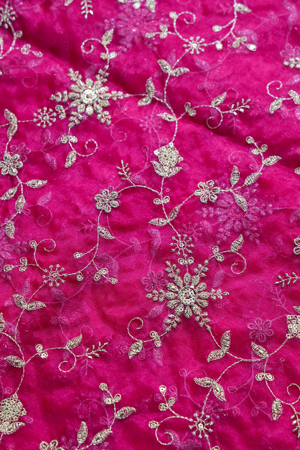 Zari Thread With Beads Floral Embroidery On Rani Organza Fabric