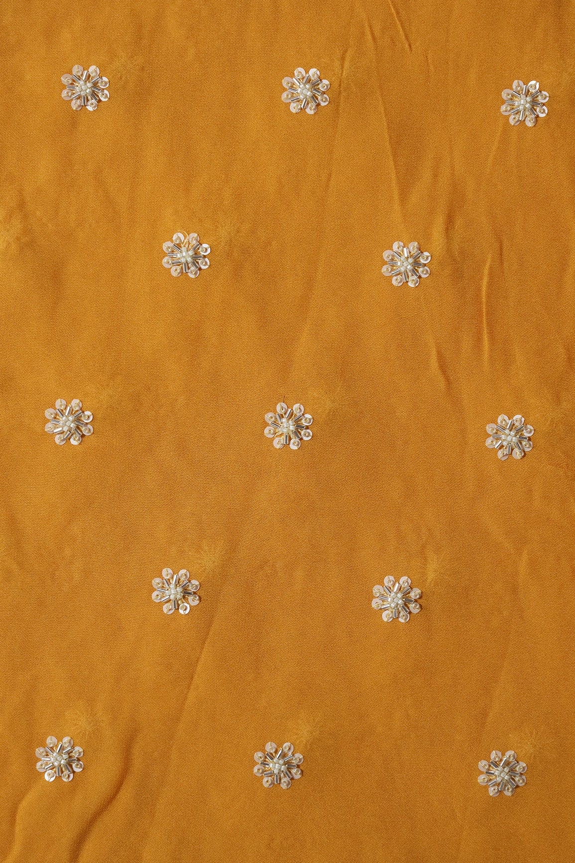 Silver Beads With Sequins Small Floral Handwork Embroidery On Yellow Viscose Georgette Fabric