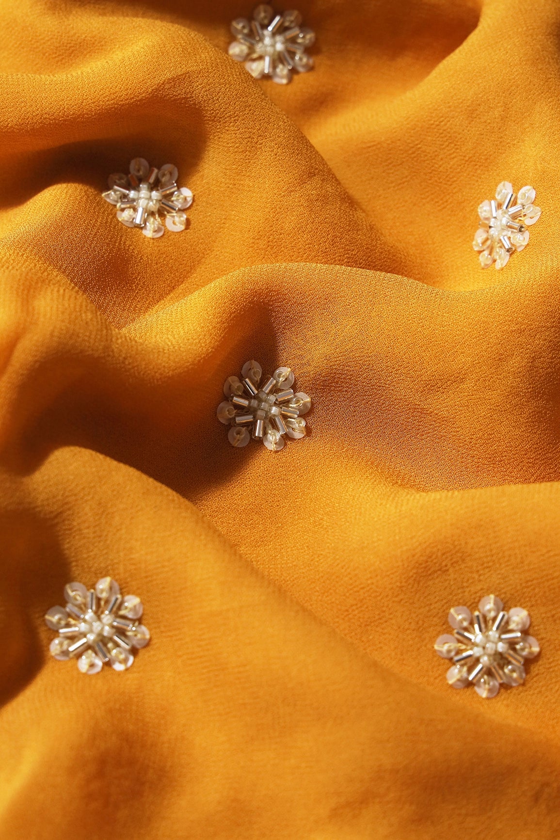 Silver Beads With Sequins Small Floral Handwork Embroidery On Yellow Viscose Georgette Fabric