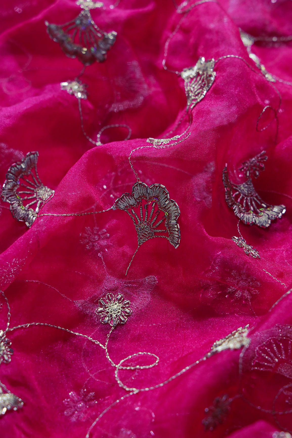 Gold Zari With Beads Beautiful Floral Embroidery On Rani Organza Fabric