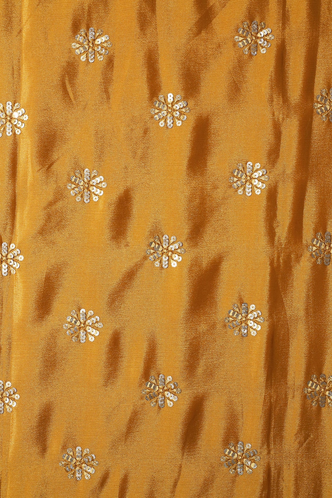 Mustard Thread With Gold Sequins Floral Butta Embroidery Work On Mustard Chinnon Chiffon Fabric