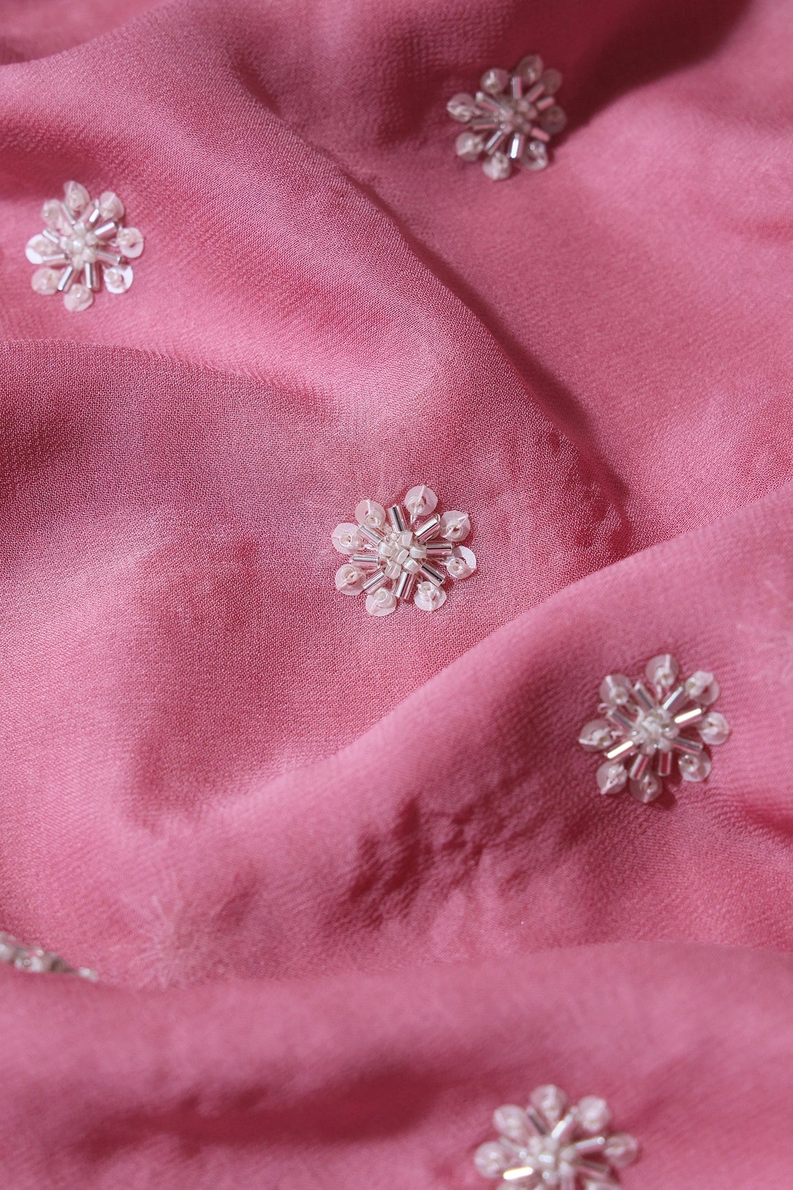 Silver Beads With Sequins Small Floral Handwork Embroidery On Thulian Pink Viscose Georgette Fabric