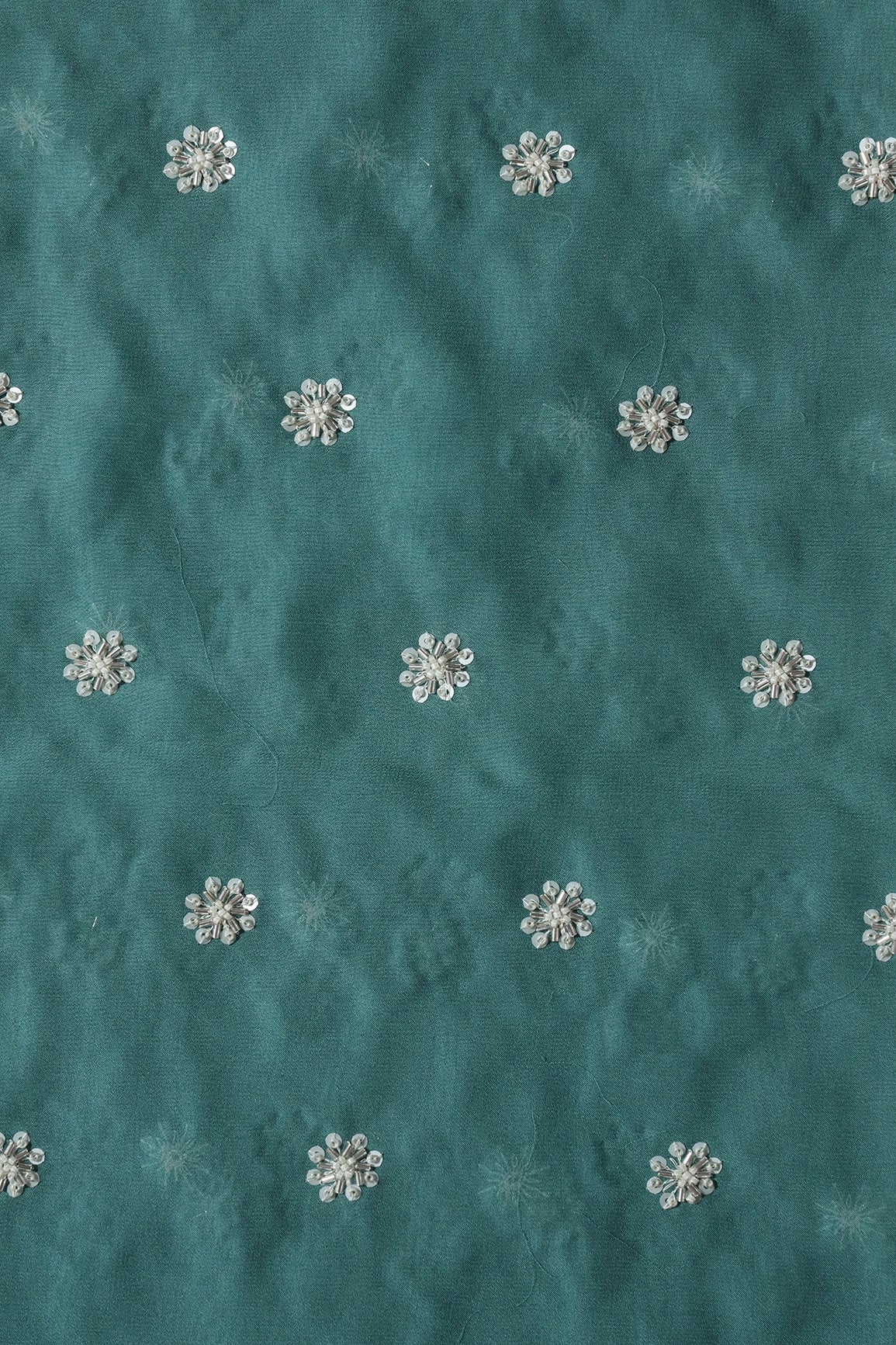 Silver Beads With Sequins Small Floral Handwork Embroidery On Teal Viscose Georgette Fabric