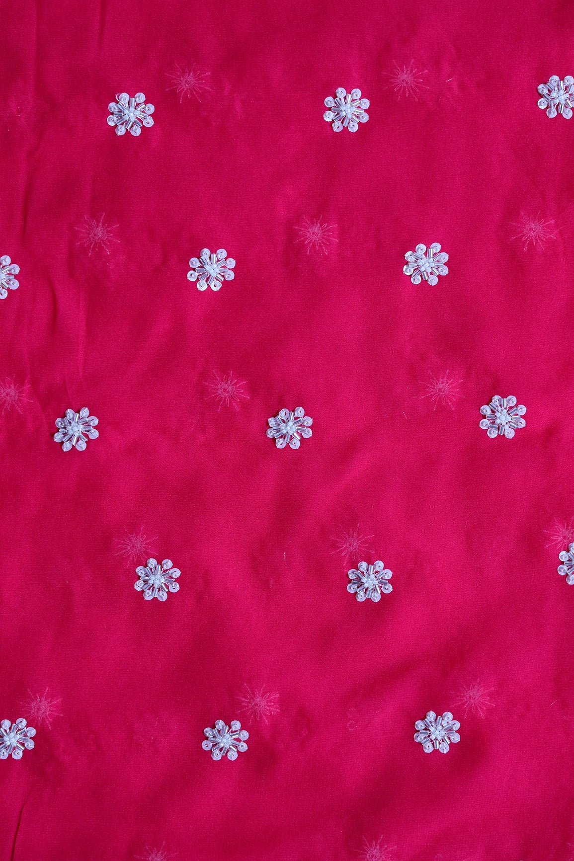 Silver Beads With Sequins Small Floral Handwork Embroidery On Fuchsia Viscose Georgette Fabric