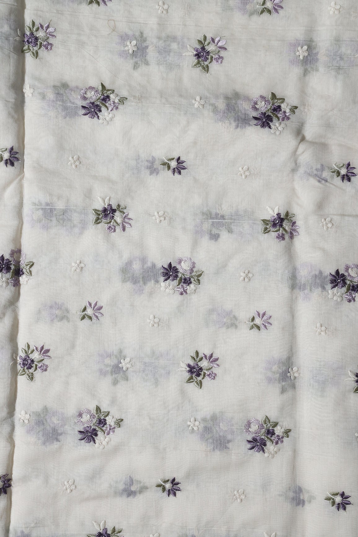 Purple and Lilac Beautiful Floral Embroidery On Pure Mul Chanderi Silk Fabric