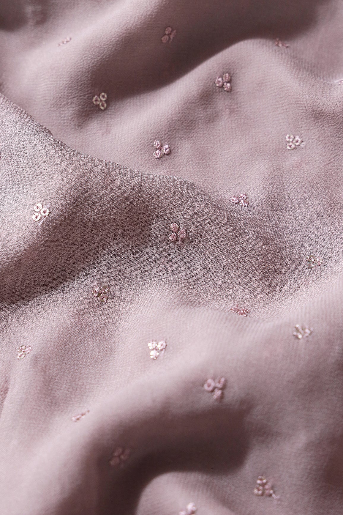 Small Motif Sequins Embroidery On Light Mauve Viscose Georgette Fabric