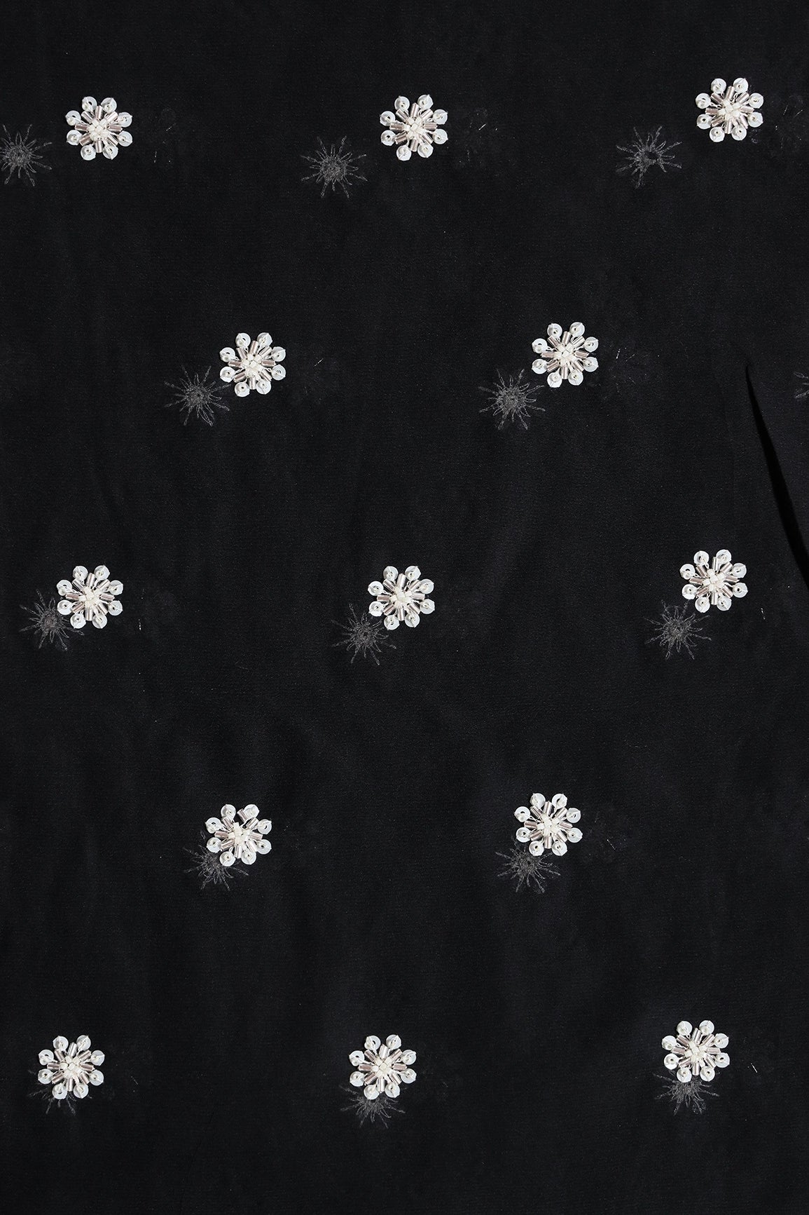 Silver Beads With Sequins Small Floral Handwork Embroidery On Black Viscose Georgette Fabric