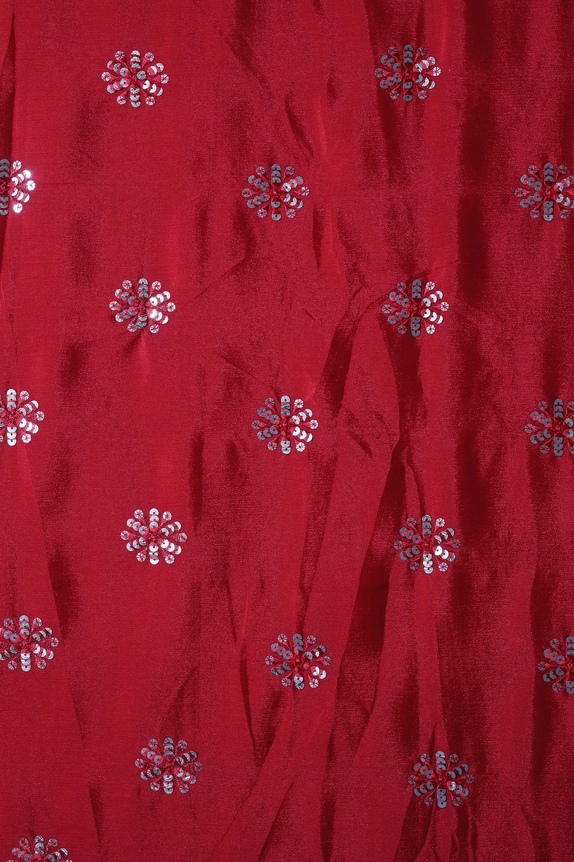 Red Thread With Gold Sequins Floral Butta Embroidery Work On Chinnon Chiffon Fabric