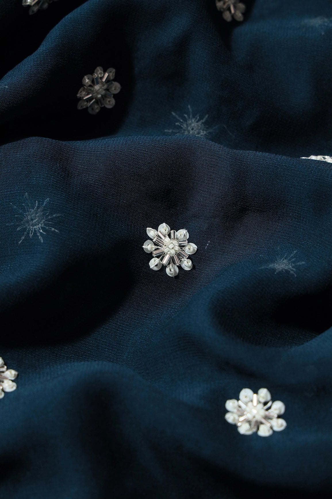 Silver Beads With Sequins Small Floral Handwork Embroidery On Prussian Blue Viscose Georgette Fabric