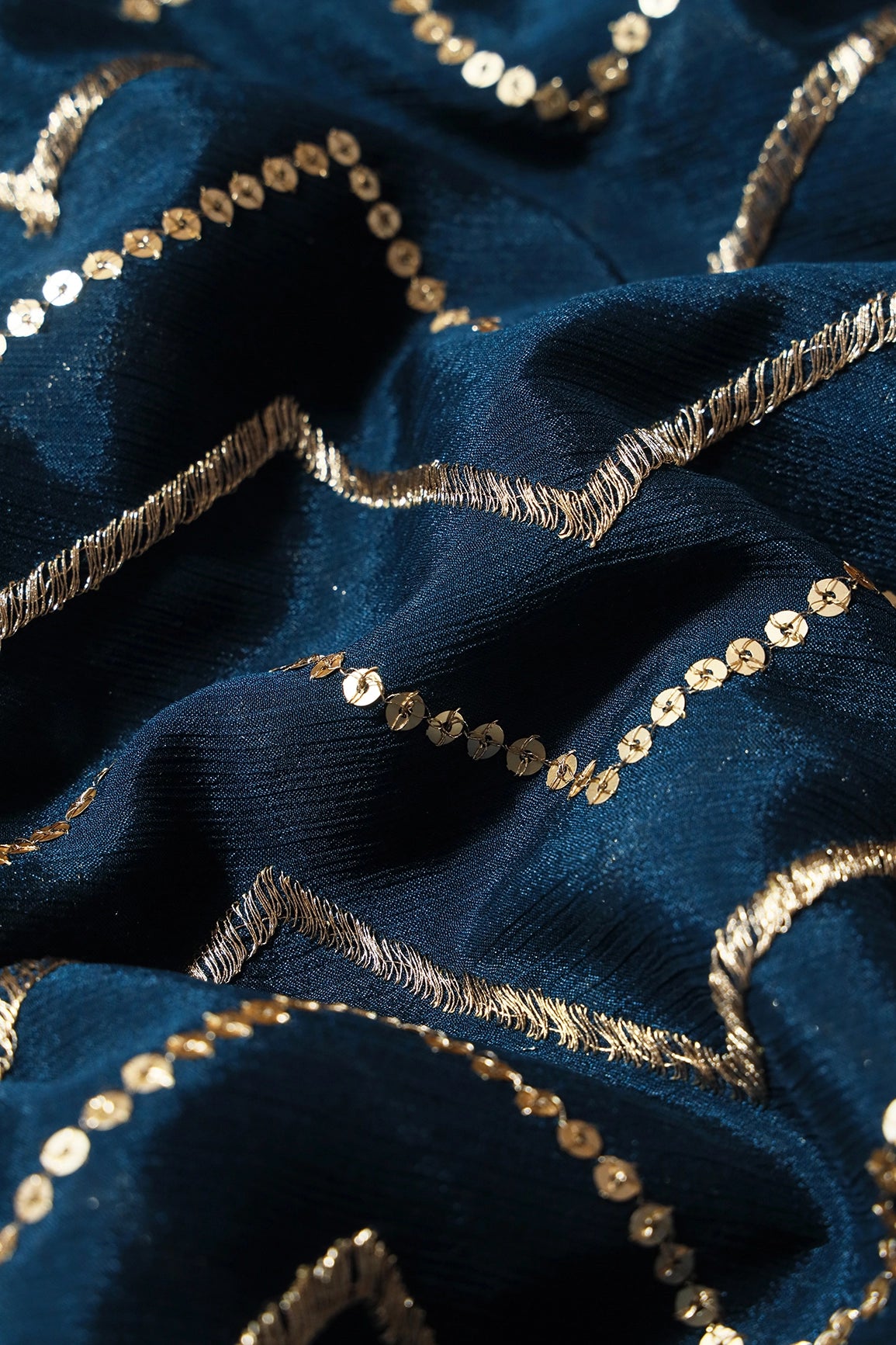 Gold Zari With Gold Sequins Chevron Embroidery Work On Rama Chinnon Chiffon Fabric
