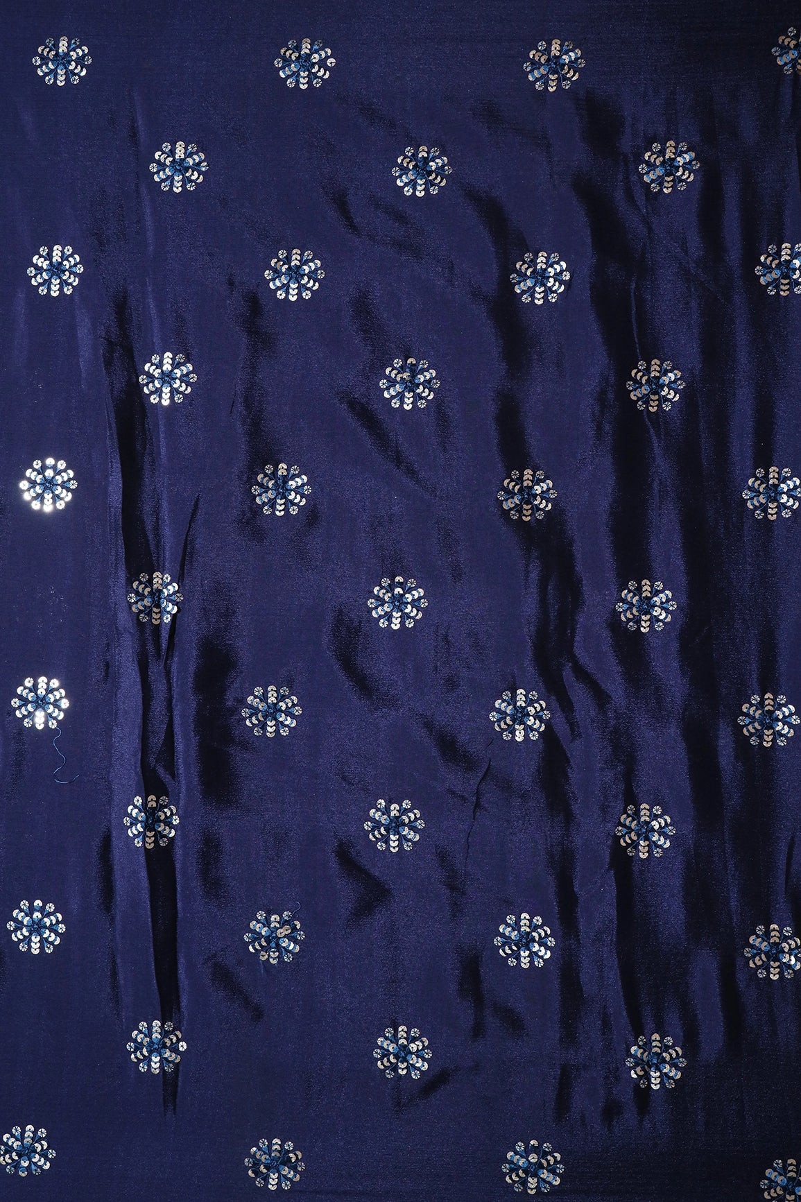 Blue Thread With Gold Sequins Floral Butta Embroidery Work On Navy Blue Chinnon Chiffon Fabric