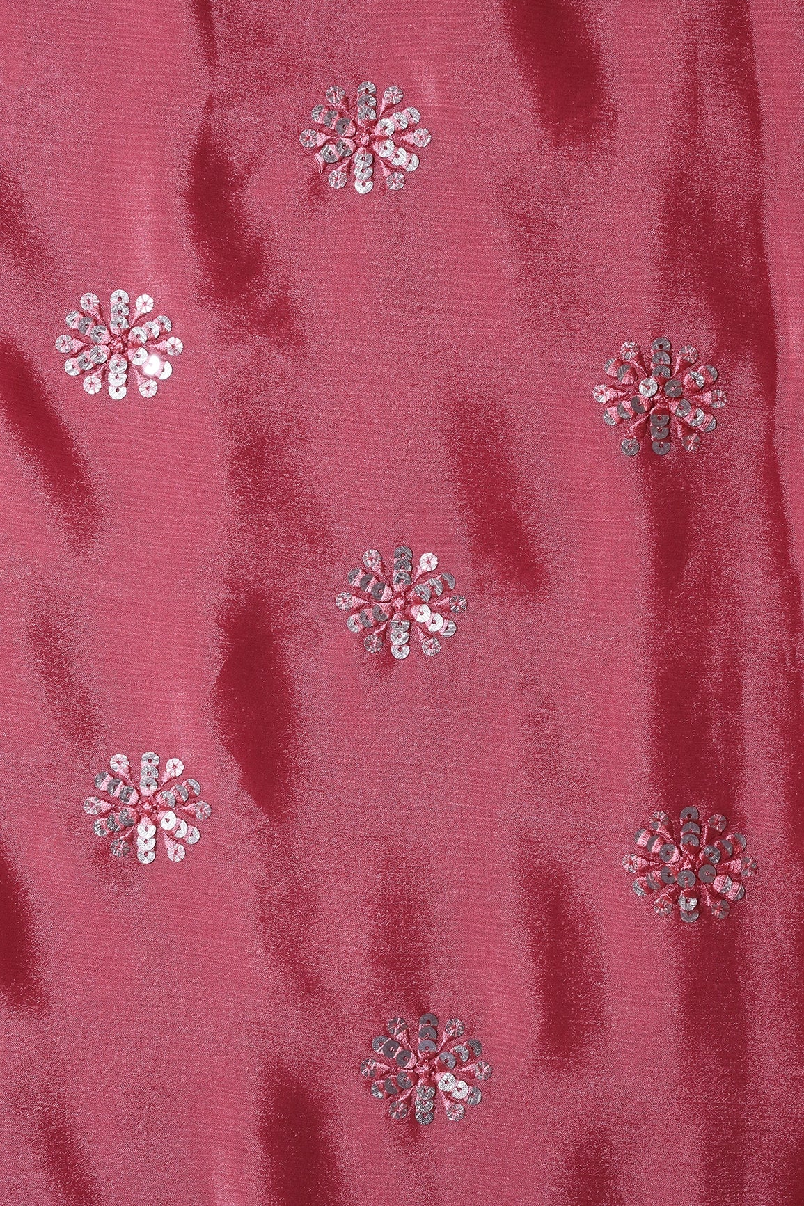 Pink Thread With Gold Sequins Floral Butta Embroidery Work On Gajri Pink Chinnon Chiffon Fabric