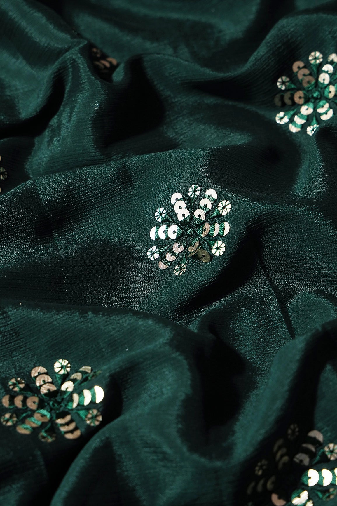 Green Thread With Gold Sequins Floral Butta Embroidery Work On Bottle Green Chinnon Chiffon Fabric