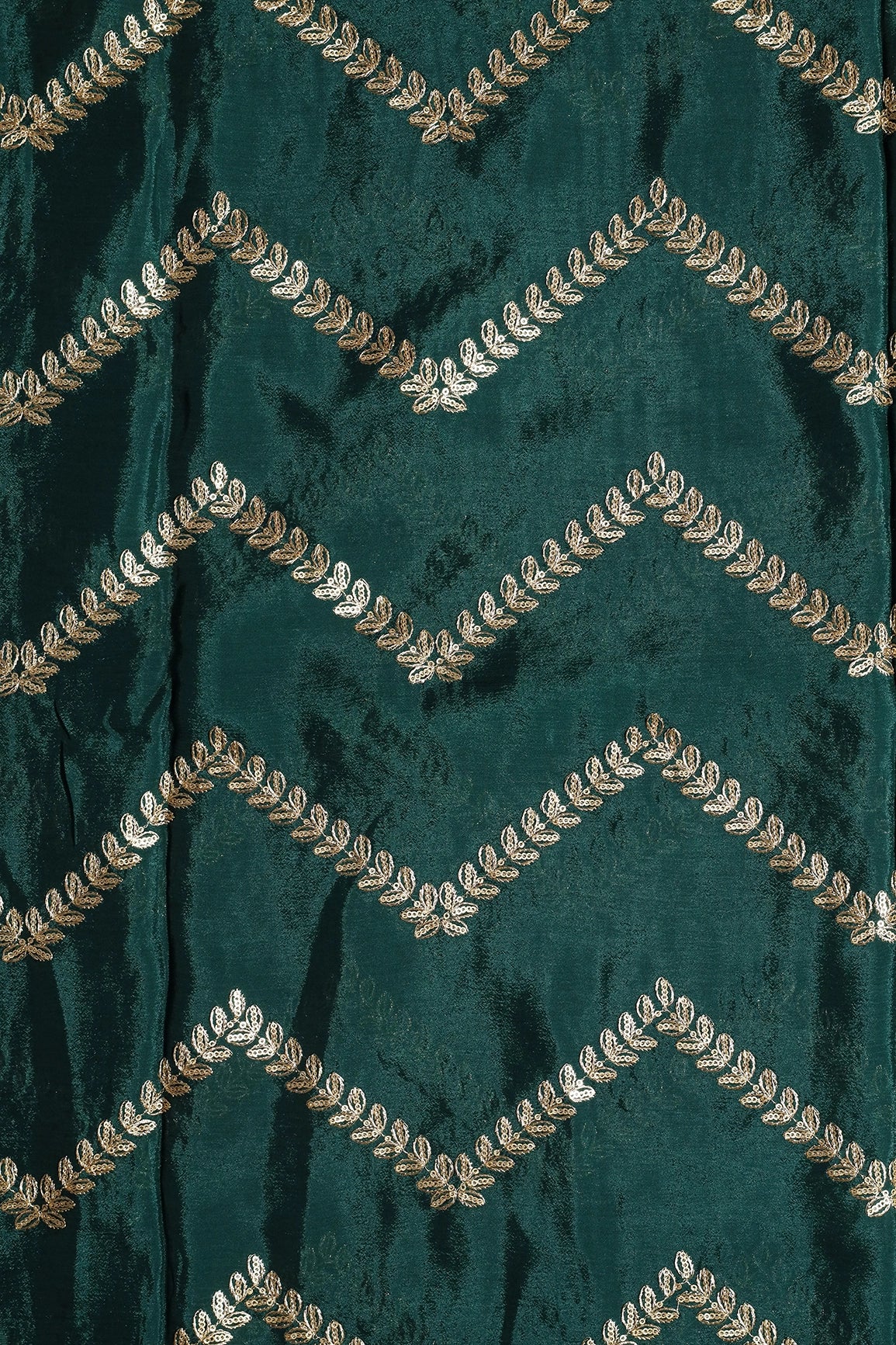 Gold Zari With Gold Sequins Chevron Embroidery Work On Bottle Green Chinnon Chiffon Fabric