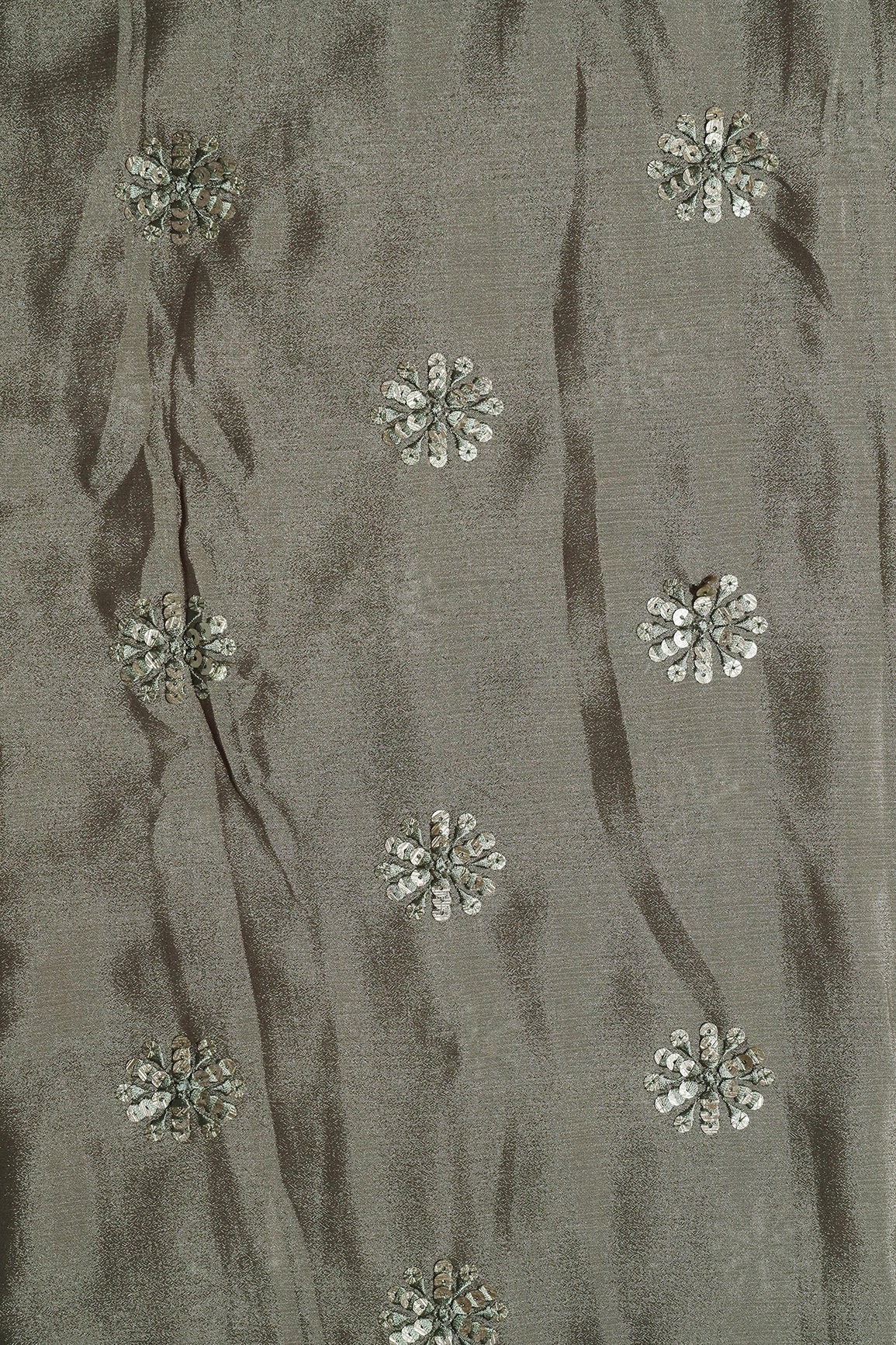 Grey Thread With Gold Sequins Floral Butta Embroidery Work On Stone Grey Chinnon Chiffon Fabric