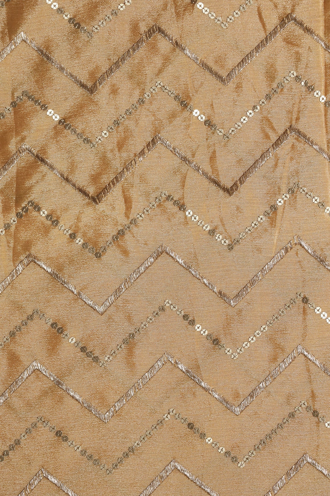 Gold Zari With Gold Sequins Chevron Embroidery Work On Beige Chinnon Chiffon Fabric