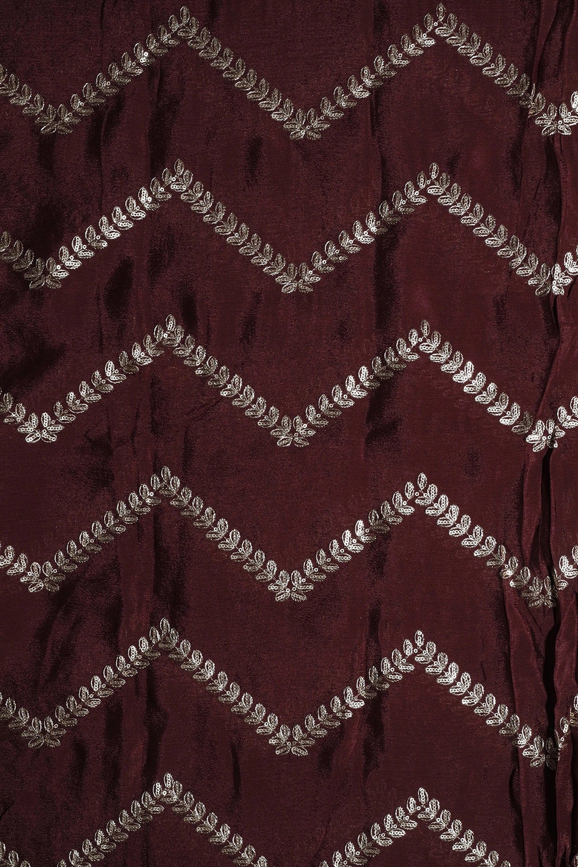 Gold Zari With Gold Sequins Chevron Embroidery Work On Maroon Chinnon Chiffon Fabric
