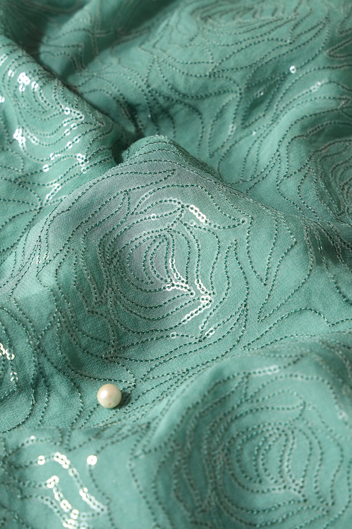 Water Sequins Floral Heavy Embroidery On Teal Viscose Georgette Fabric