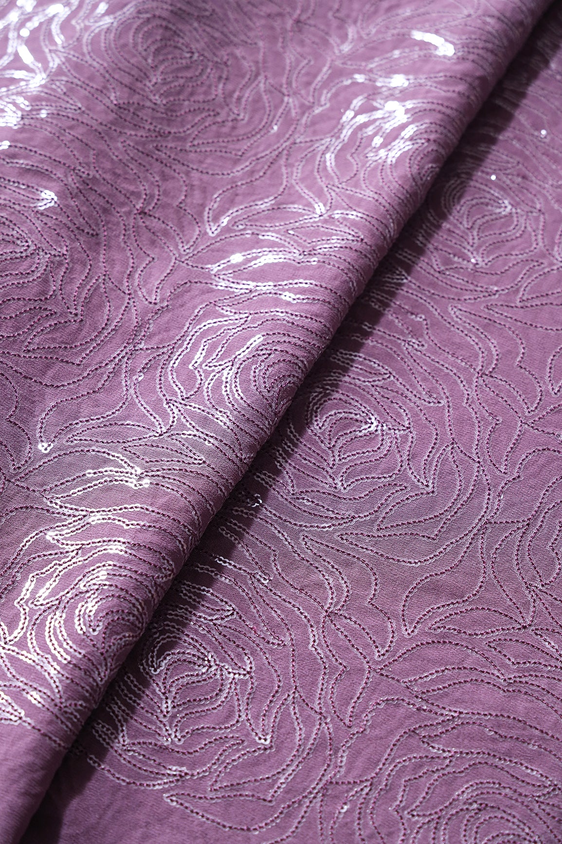 Water Sequins Floral Heavy Embroidery On Viola Purple Viscose Georgette Fabric