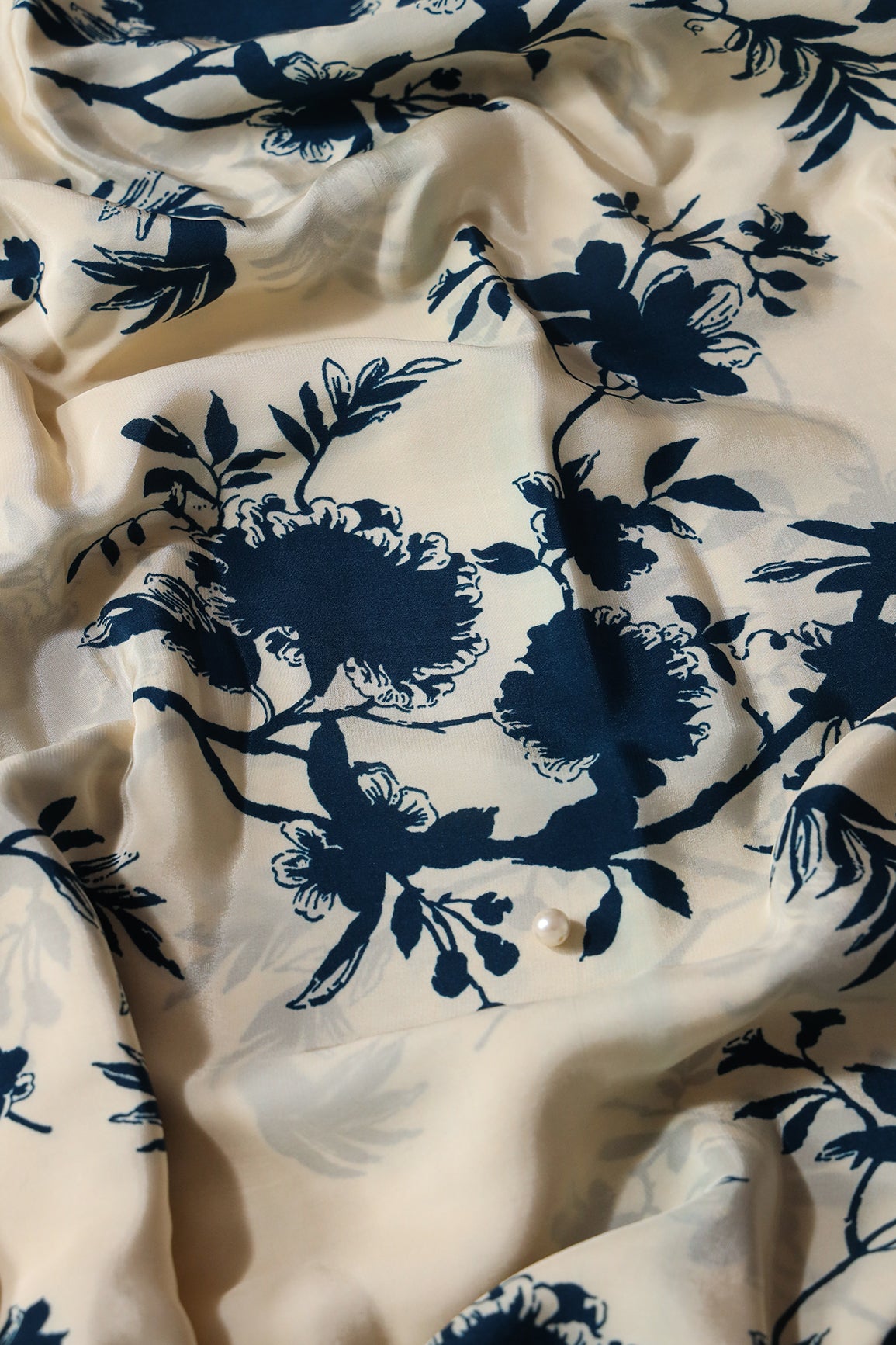Light Beige And Blue Floral Pattern Digital Print On Pure Crepe Fabric