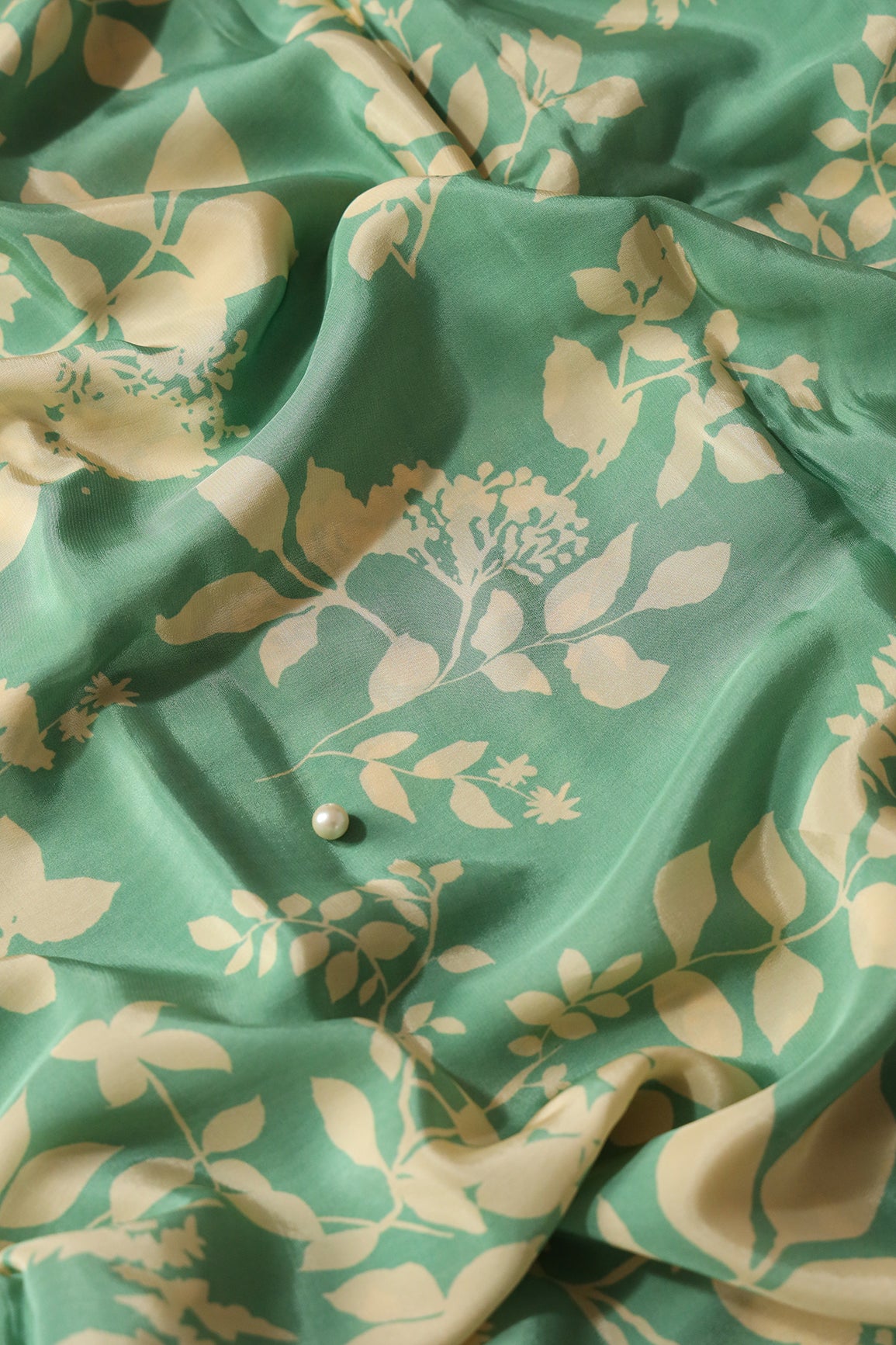 Light Olive And Cream Floral Pattern Digital Print On French Crepe Fab