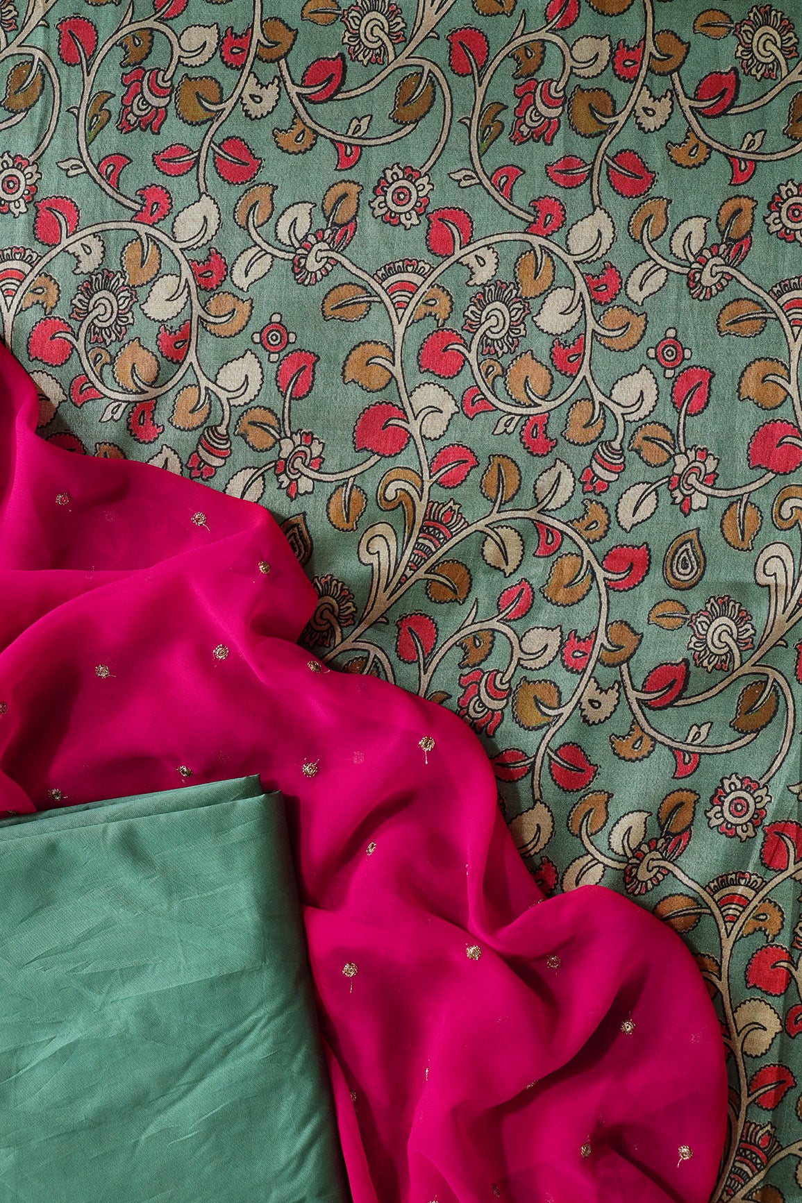 Teal And Fuchsia Unstitched Suit (3 Piece)
