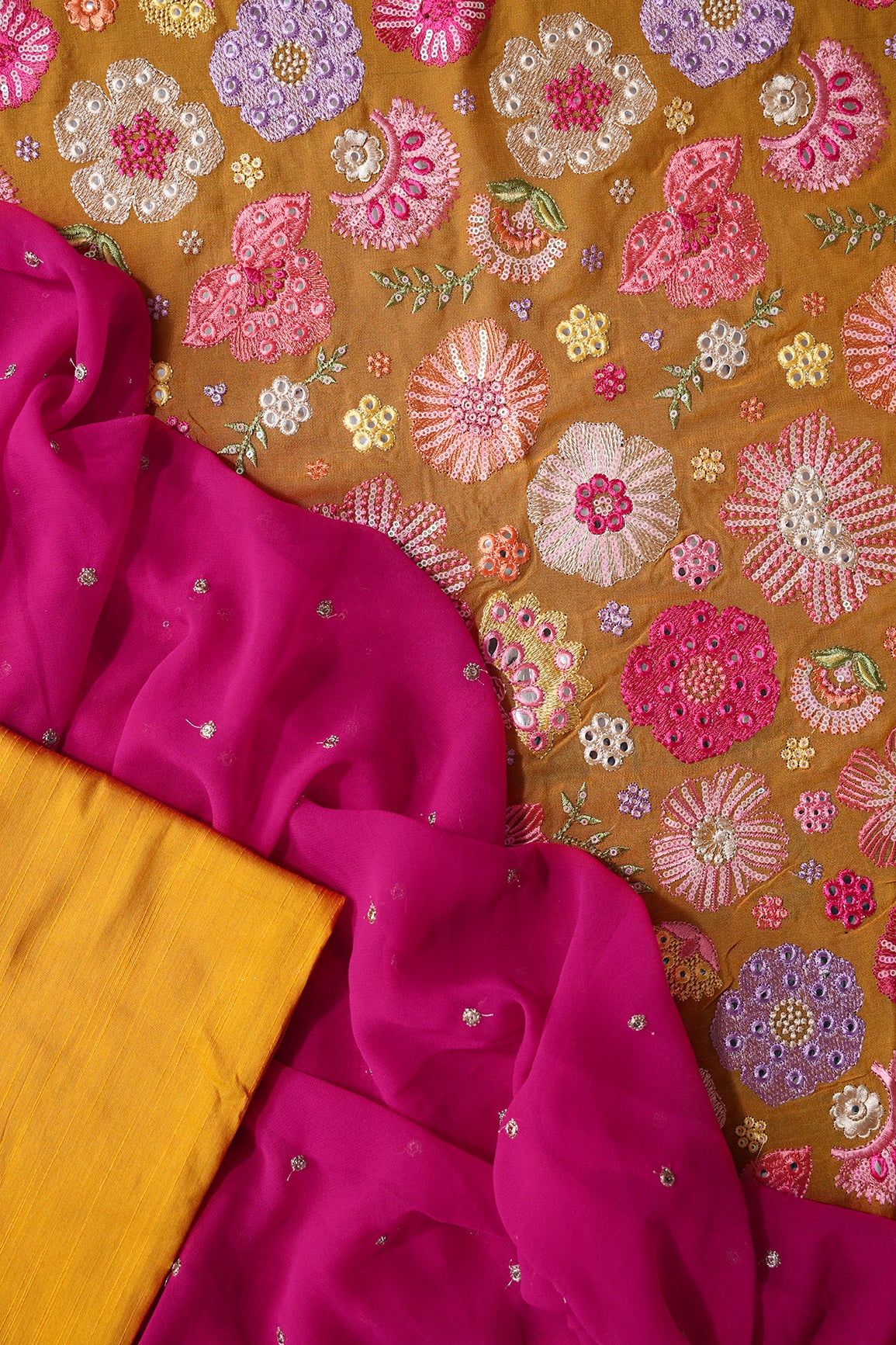 Mustard And Fuchsia Unstitched Suit (3 Piece)