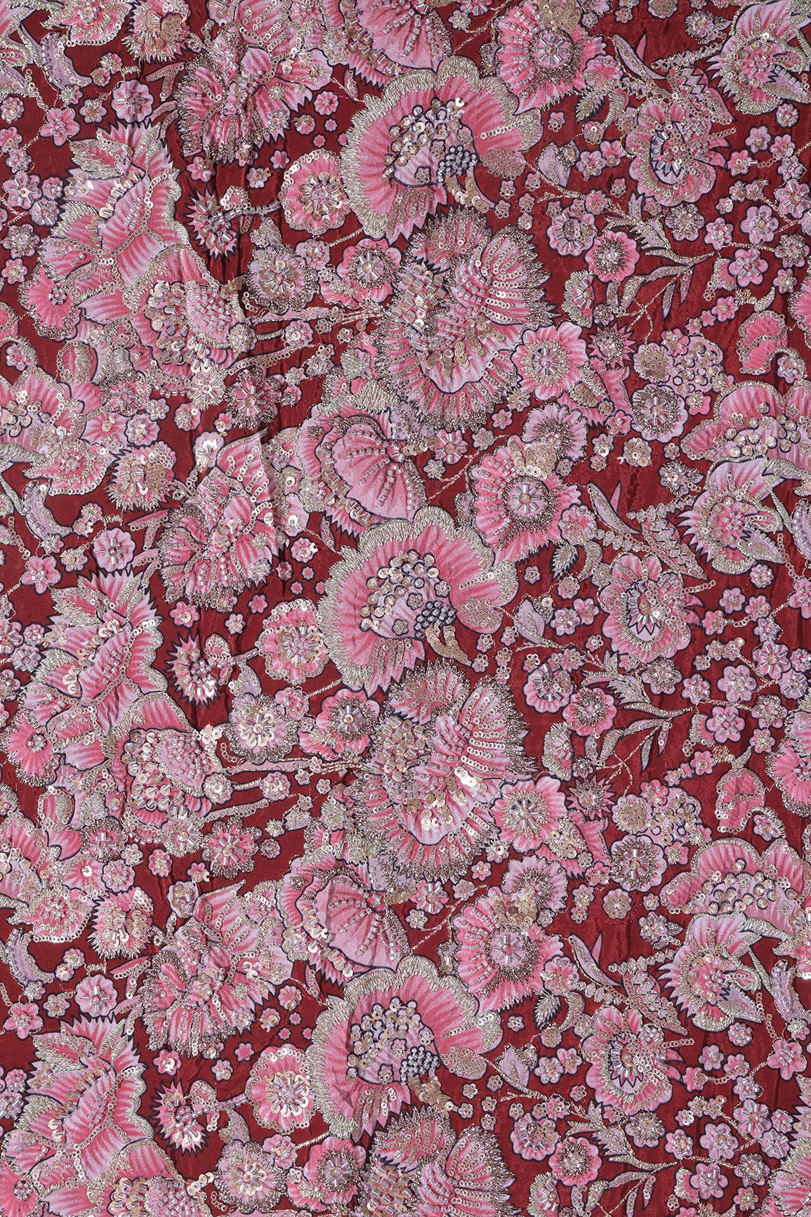 Heavy Beads With Sequins Floral Positional Print On Maroon Pure Natural Crepe Fabric