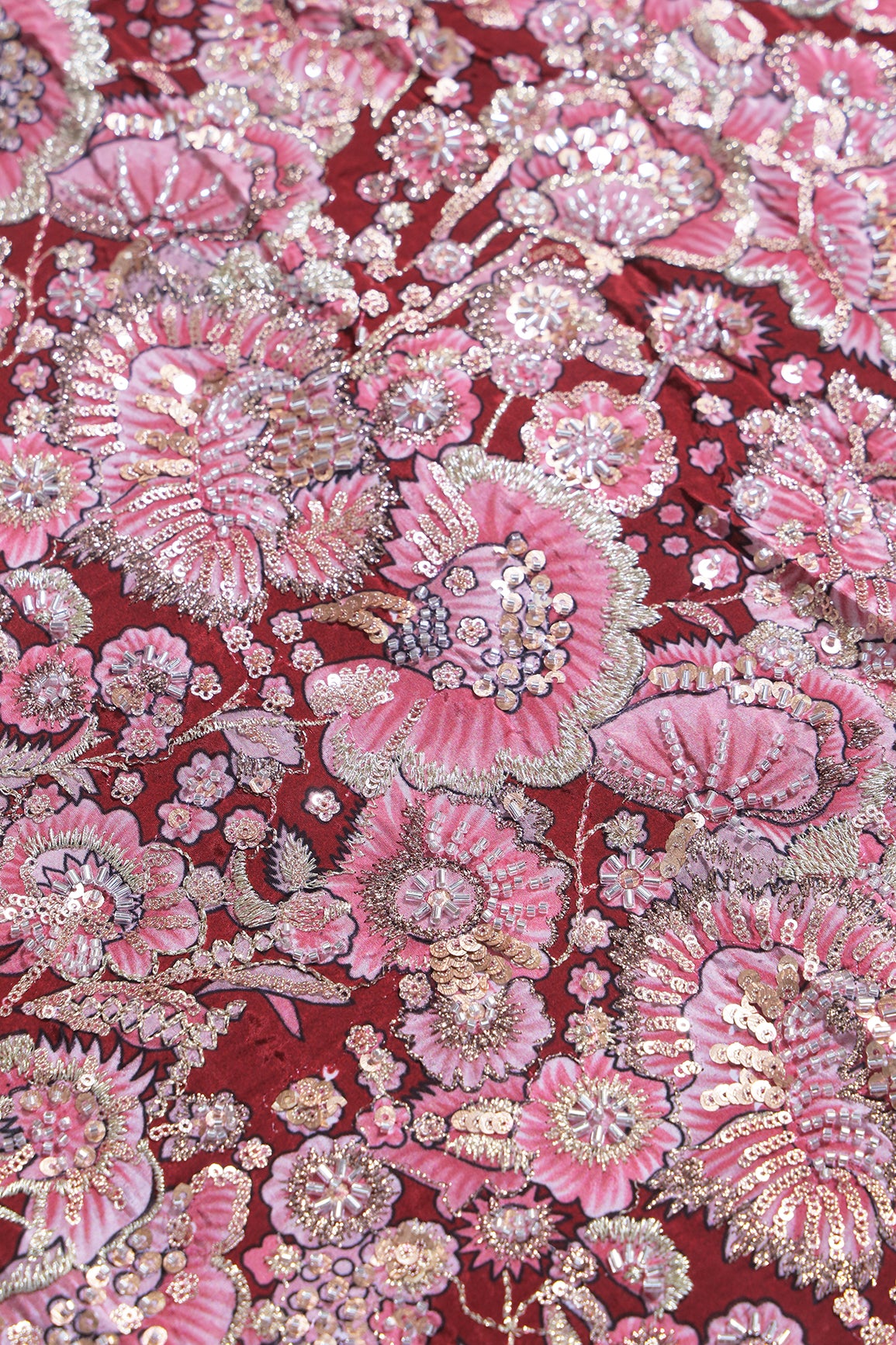 Heavy Beads With Sequins Floral Positional Print On Maroon Pure Natural Crepe Fabric