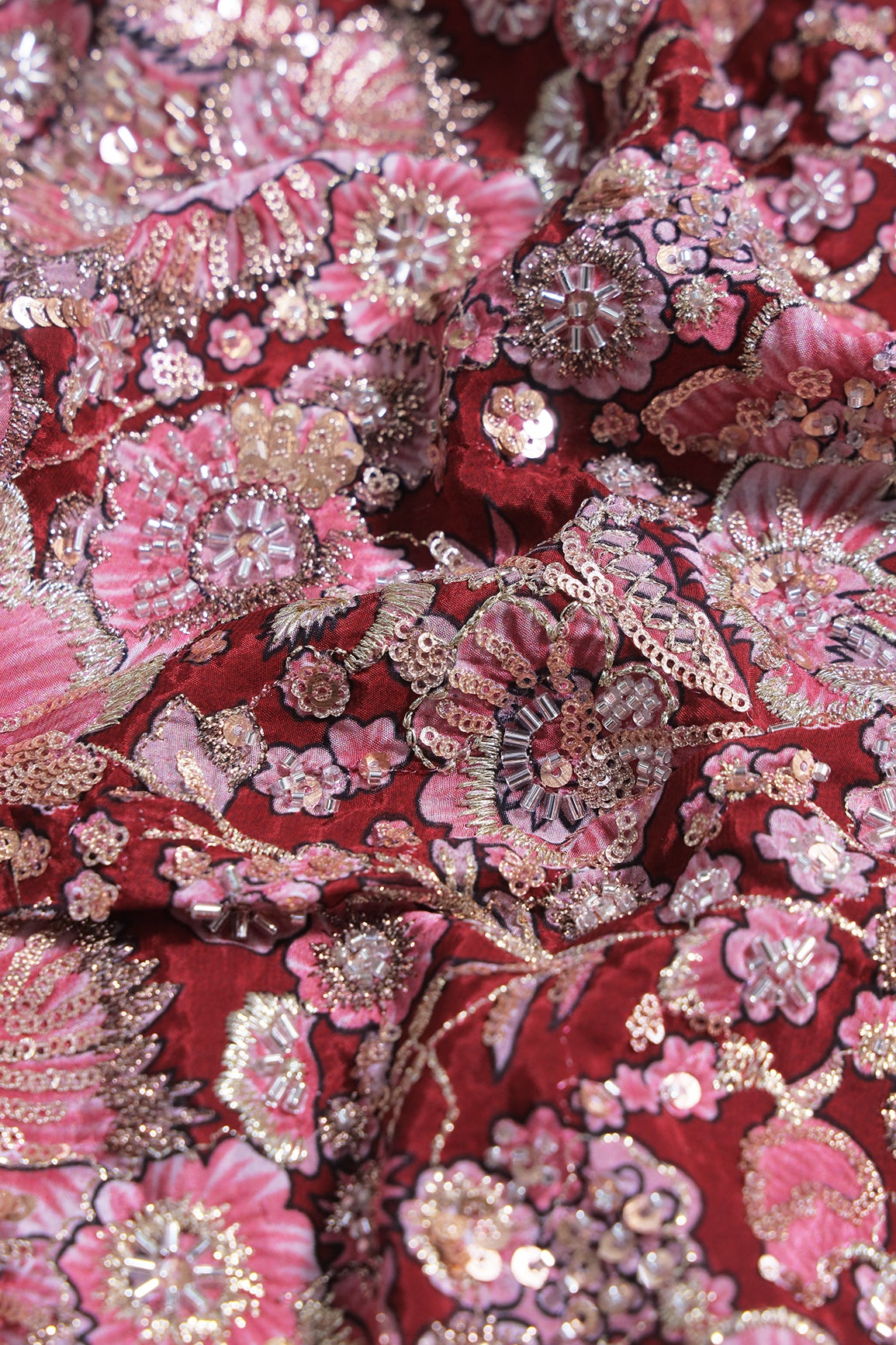 Heavy Beads With Sequins Floral Positional Print On Maroon Pure Natural Crepe Fabric