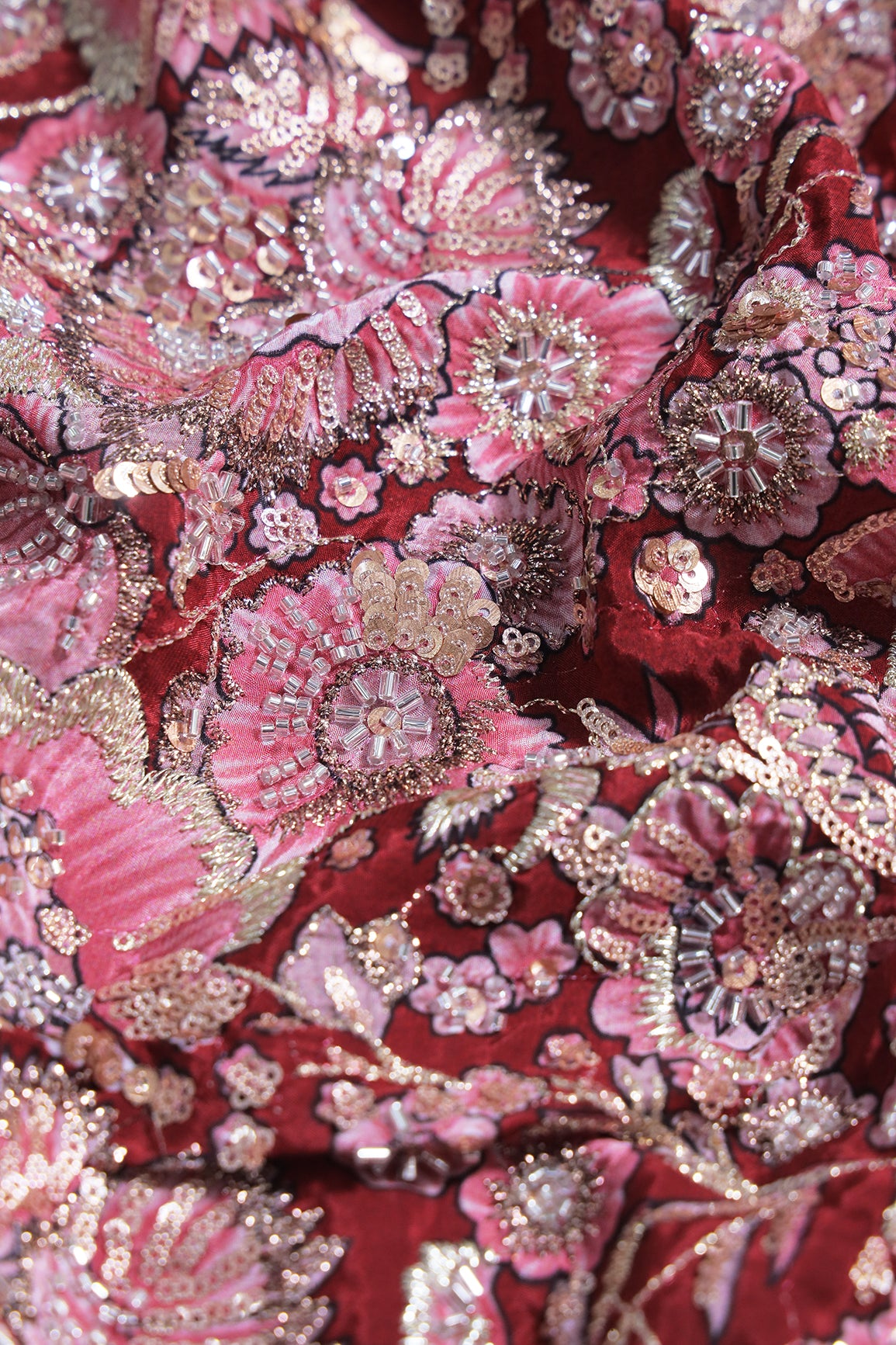 Heavy Beads With Sequins Floral Positional Print On Maroon Pure Natural Crepe Fabric