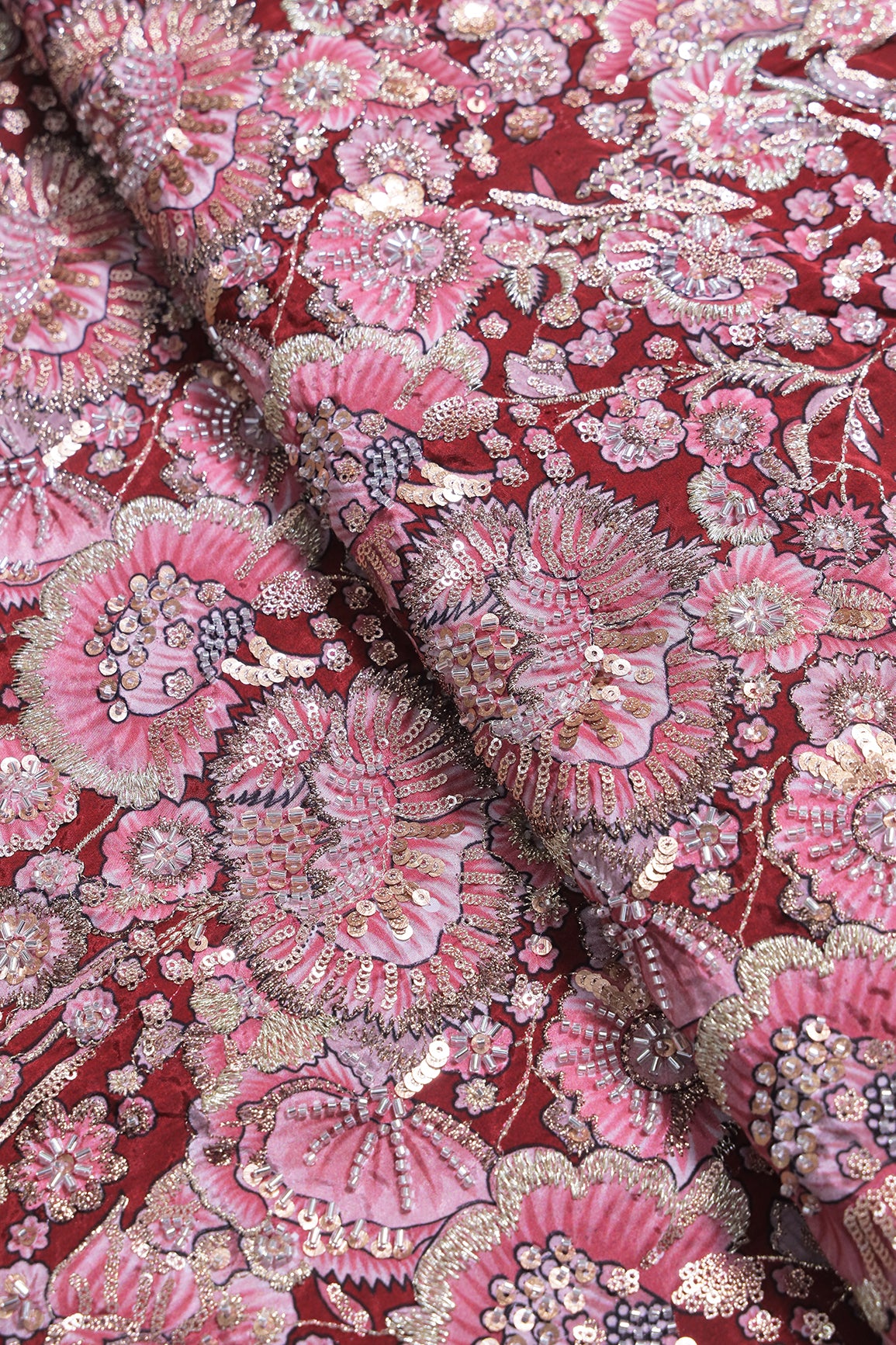 Heavy Beads With Sequins Floral Positional Print On Maroon Pure Natural Crepe Fabric