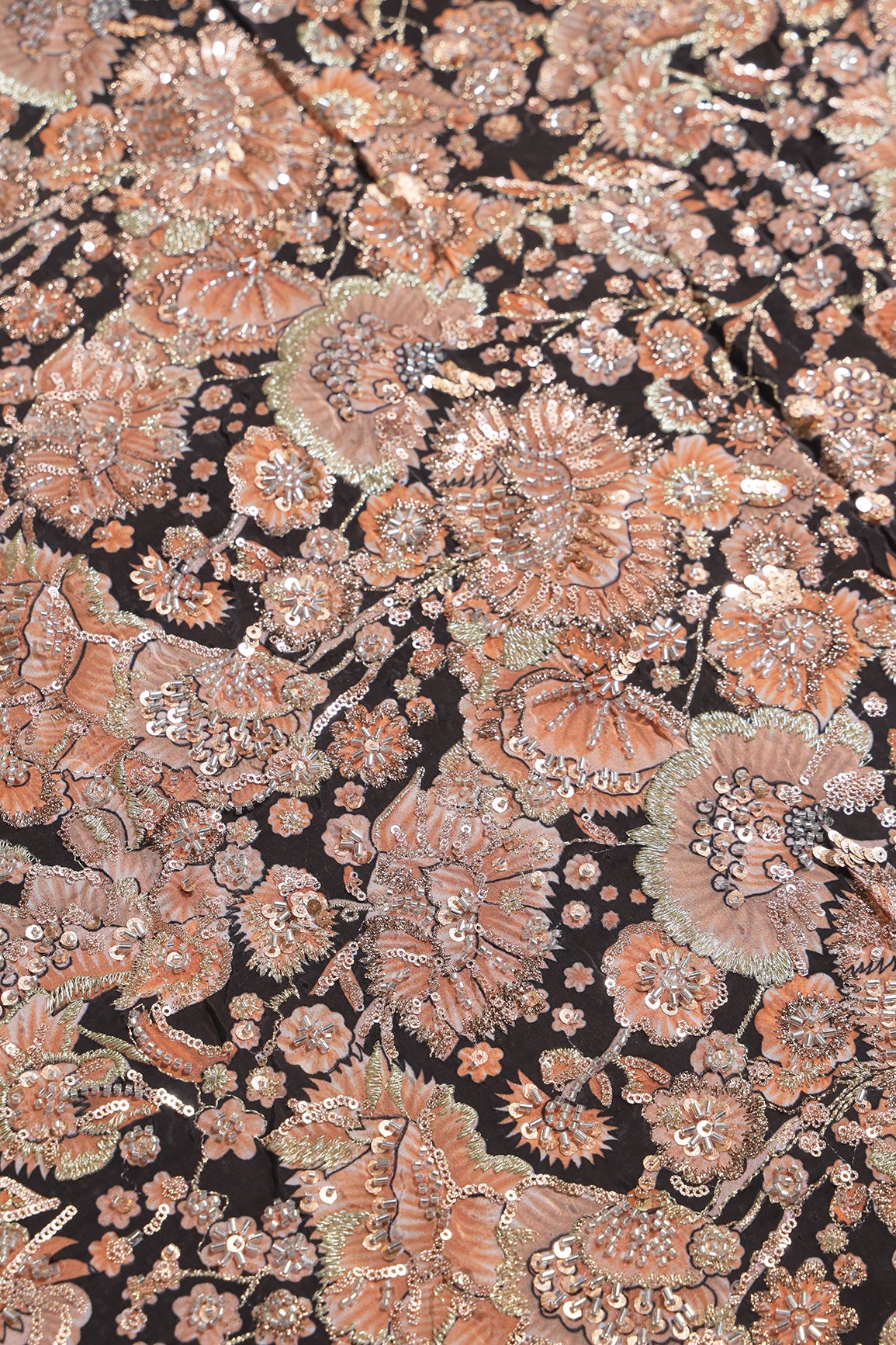 Heavy Beads With Sequins Floral Positional Print On Black Pure Natural Crepe Fabric