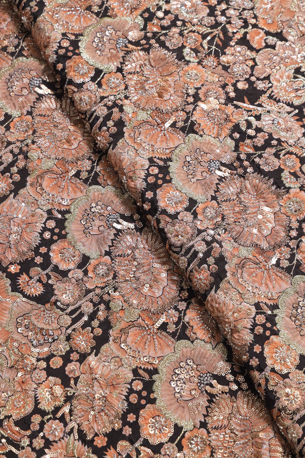 Heavy Beads With Sequins Floral Positional Print On Black Pure Natural Crepe Fabric