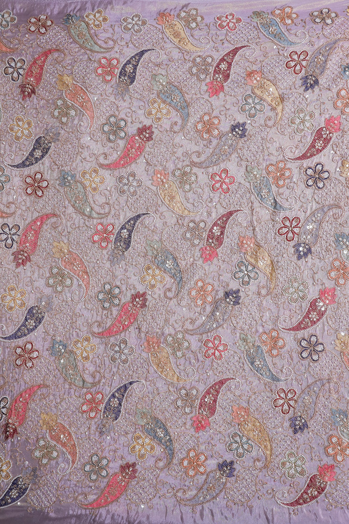 Heavy Original Beads Embroidery With Sequin Zari & Multi Thread Embroidery Work on Lavender Viscose Zari Tissue Fabric