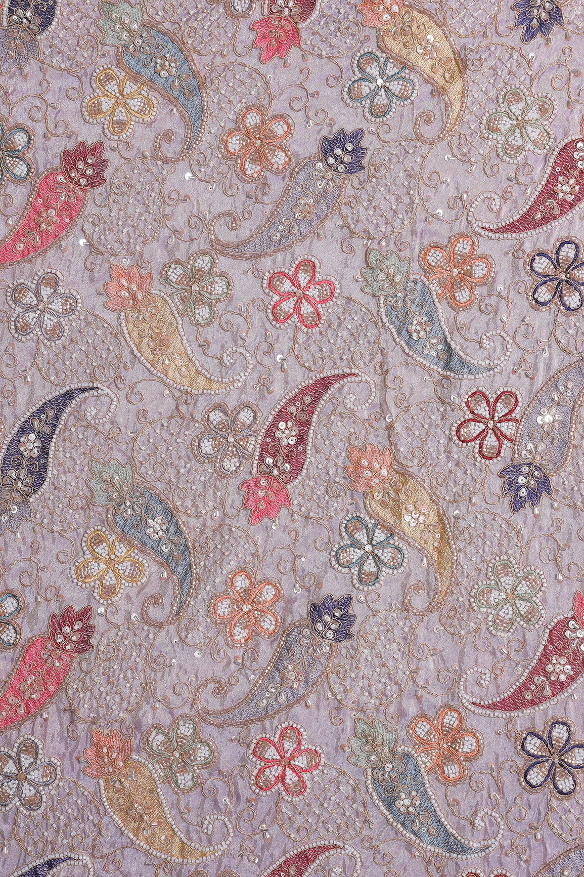 Heavy Original Beads Embroidery With Sequin Zari & Multi Thread Embroidery Work on Lavender Viscose Zari Tissue Fabric