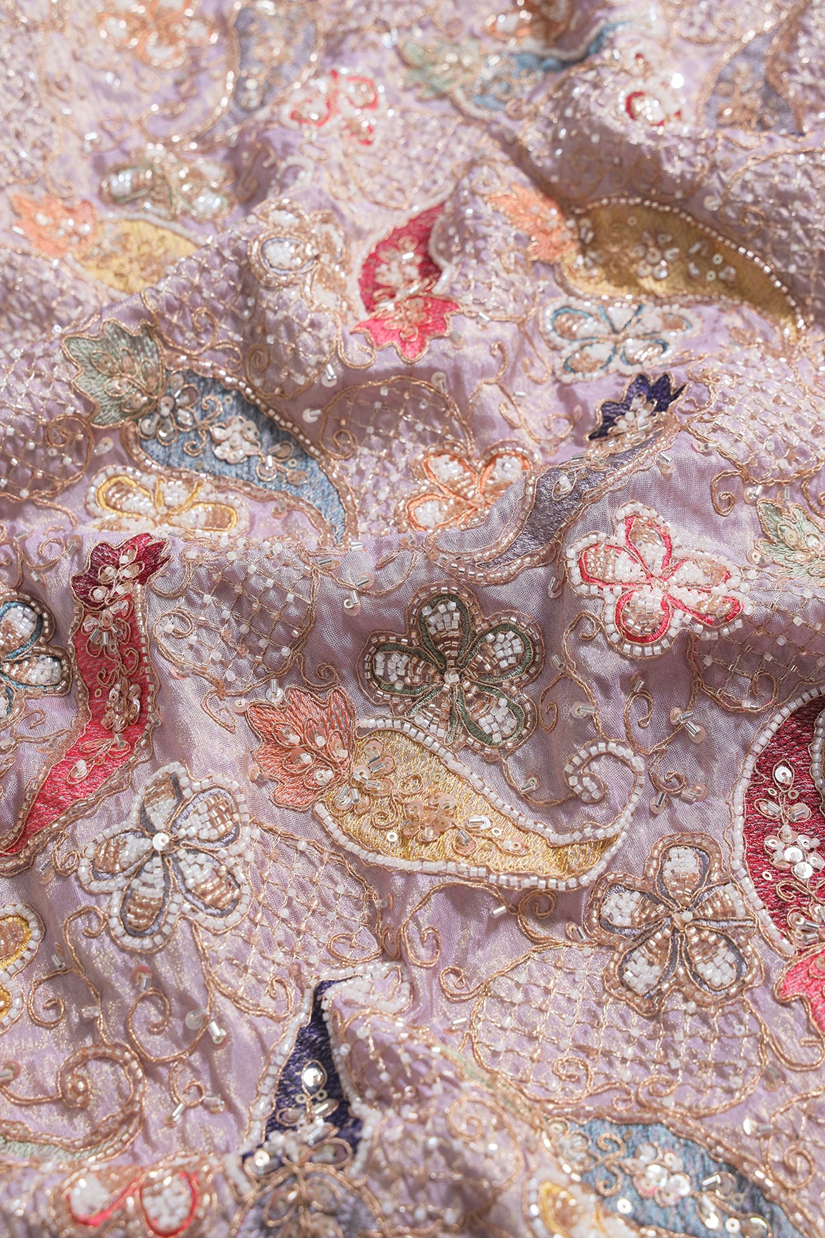Heavy Original Beads Embroidery With Sequin Zari & Multi Thread Embroidery Work on Lavender Viscose Zari Tissue Fabric